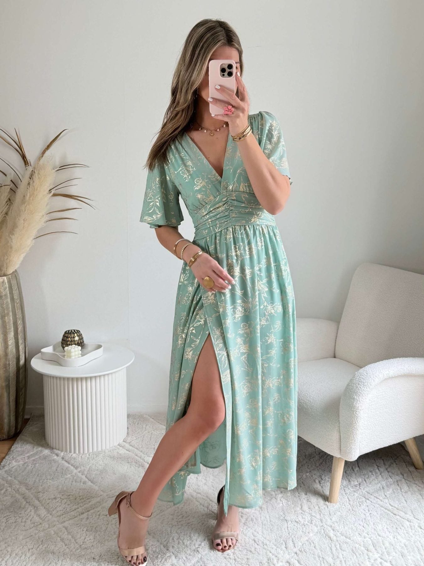 Robe vert d'eau dorée - Inès