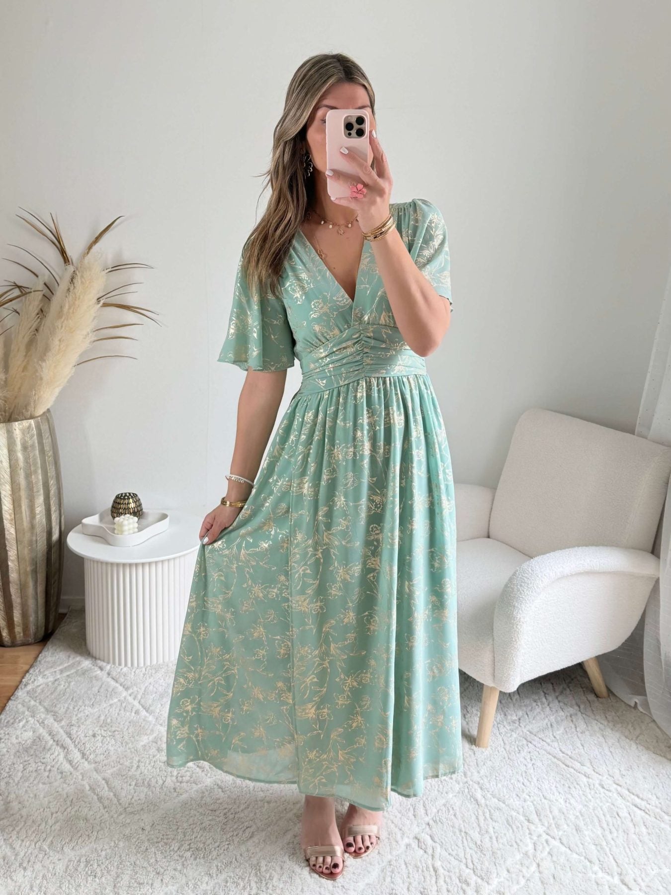 Robe vert d'eau dorée - Inès