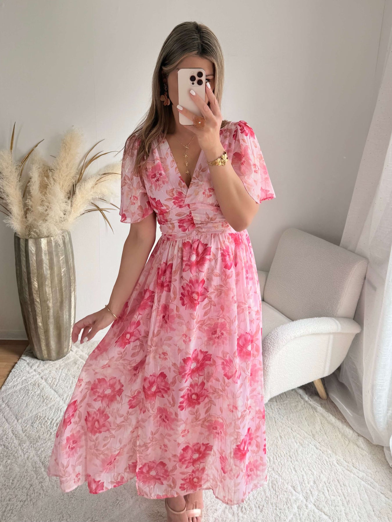 Robe longue fleurie rose Elora coupe fluide du S au 4XL