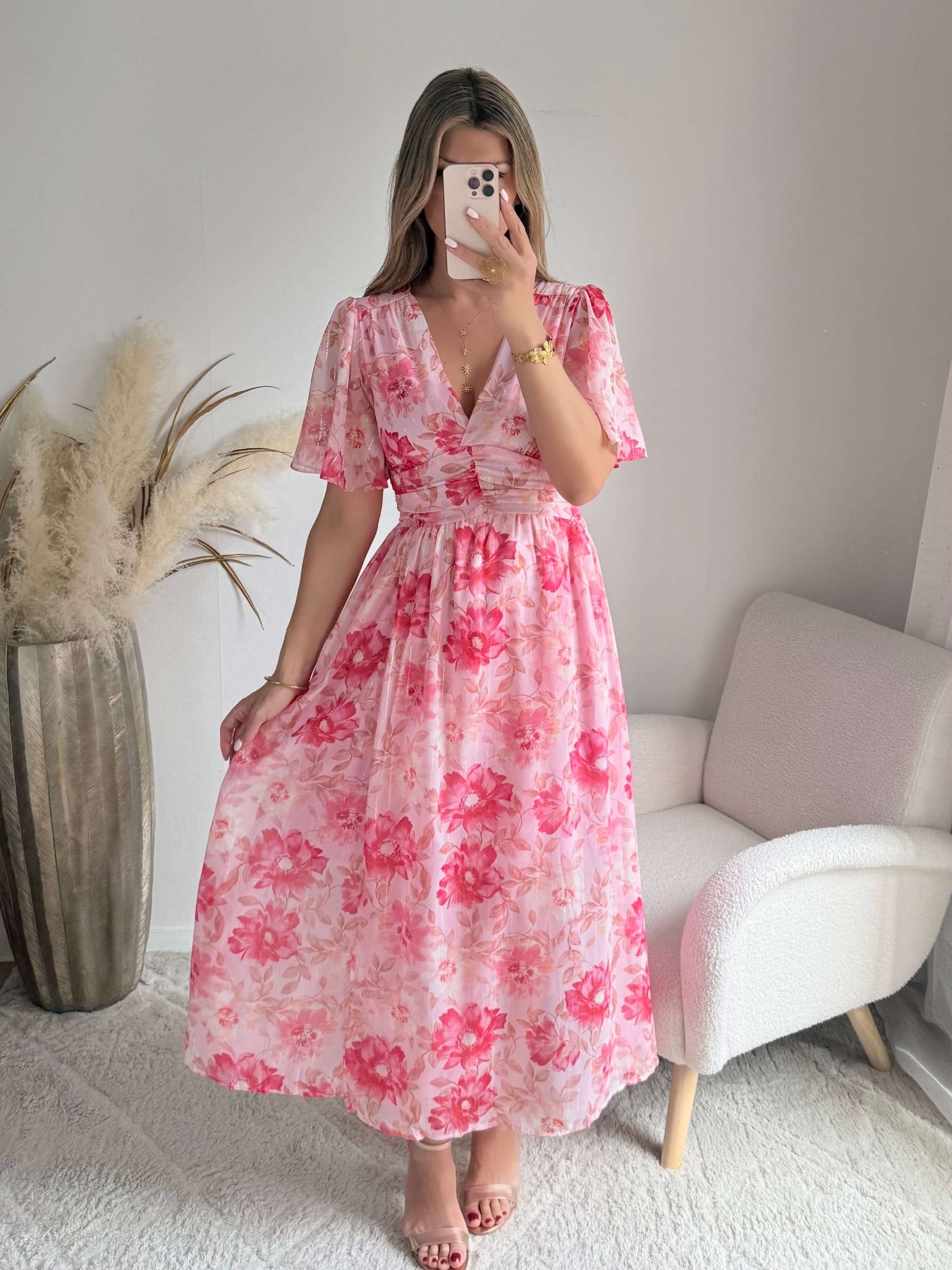 Robe longue fleurie rose Elora coupe fluide du S au 4XL
