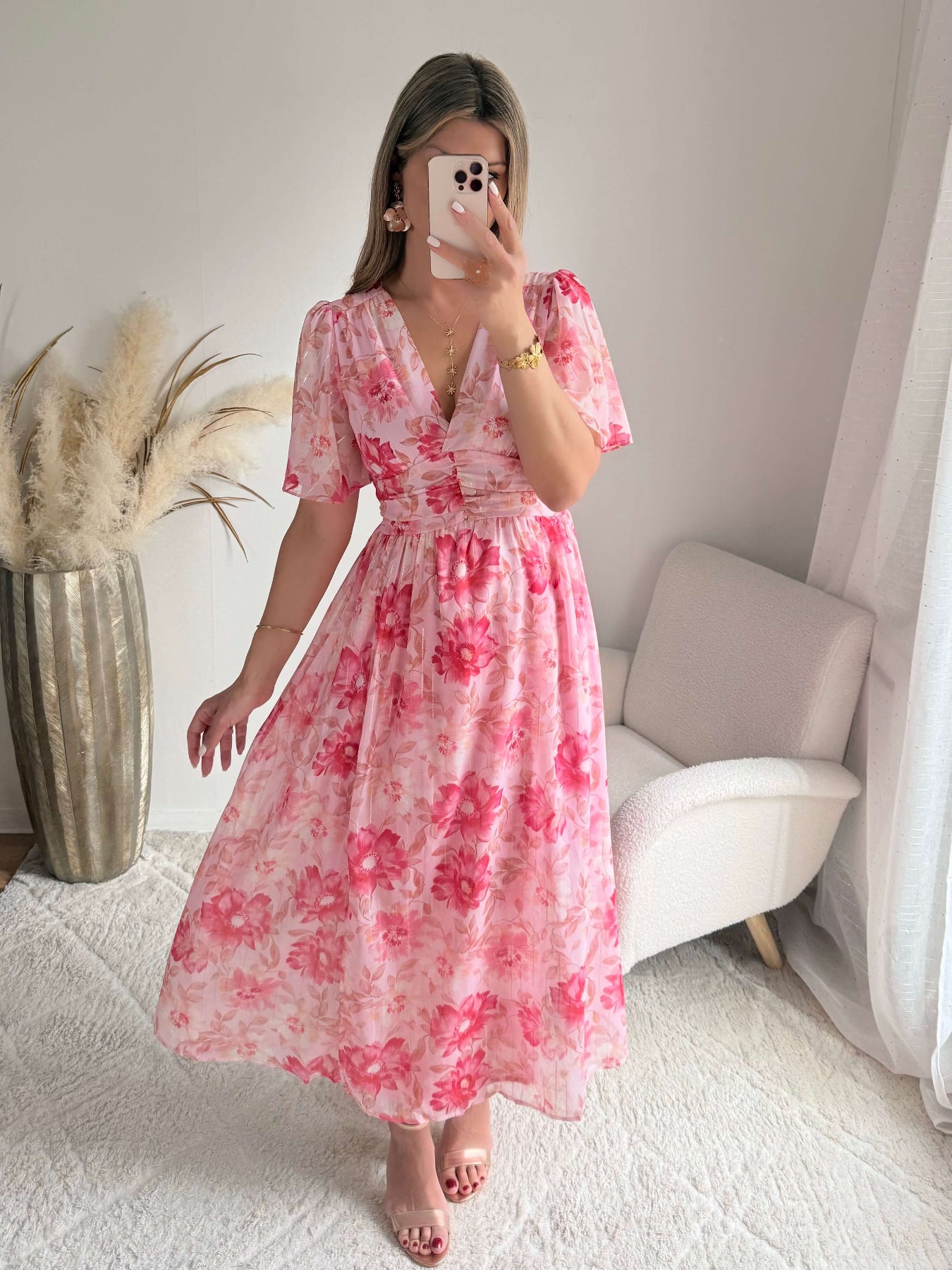 Robe longue fleurie rose Elora coupe fluide du S au 4XL