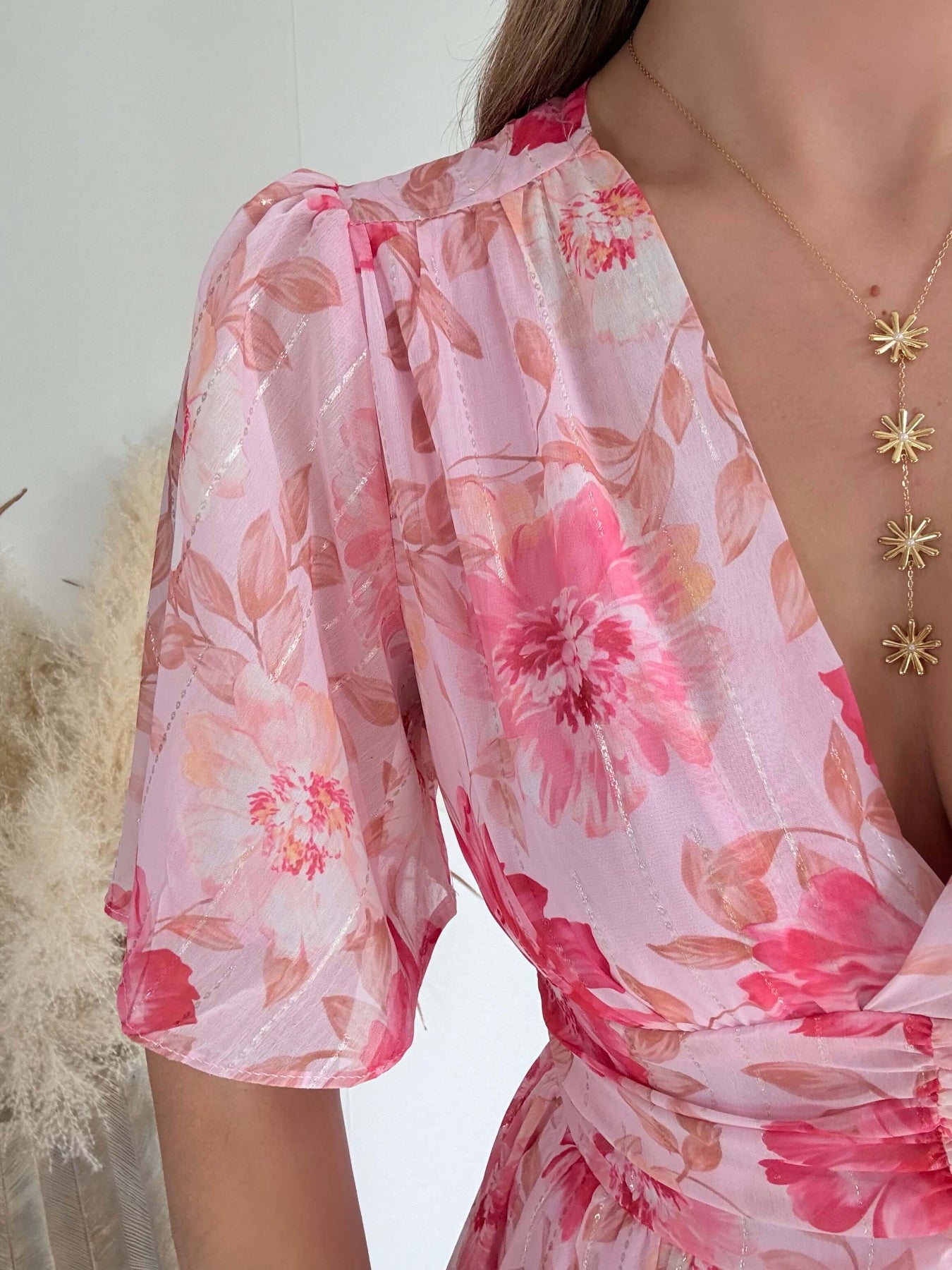 Robe longue fleurie rose Elora coupe fluide du S au 4XL