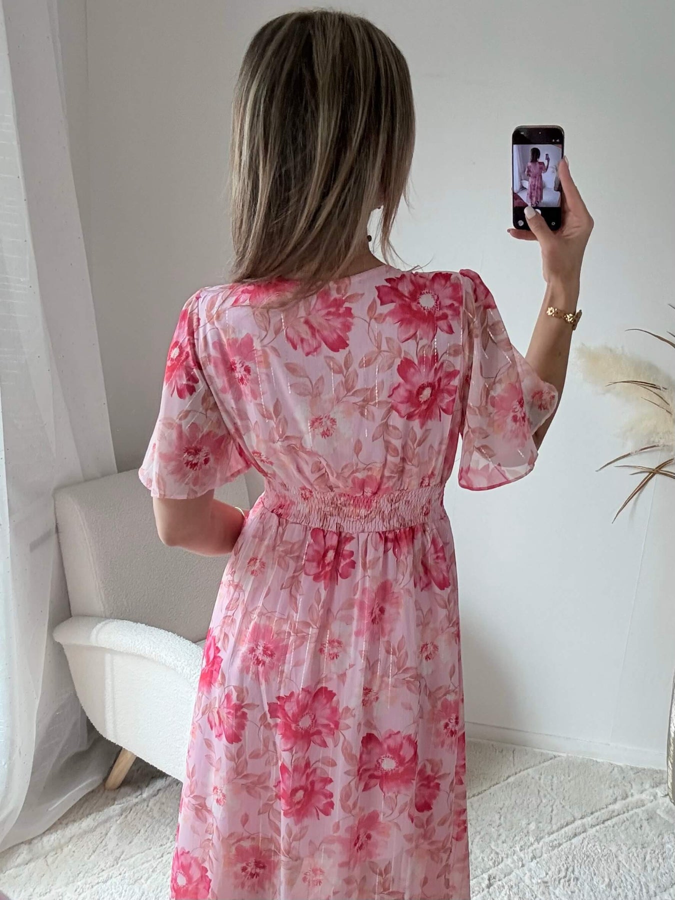 Robe longue fleurie rose Elora coupe fluide du S au 4XL