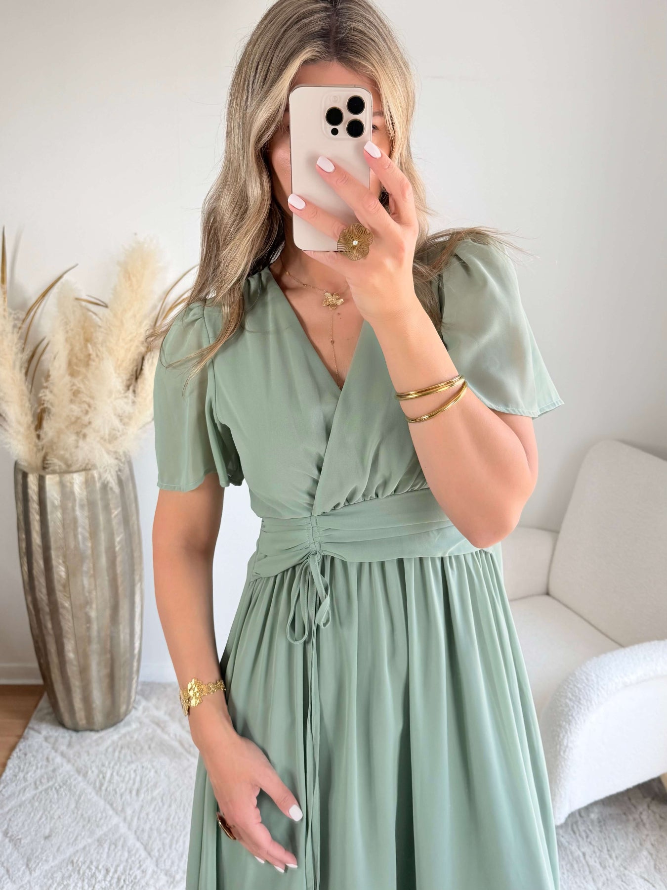 Robe Clara vert sauge longue fluide avec manches légères du SM au 4XL