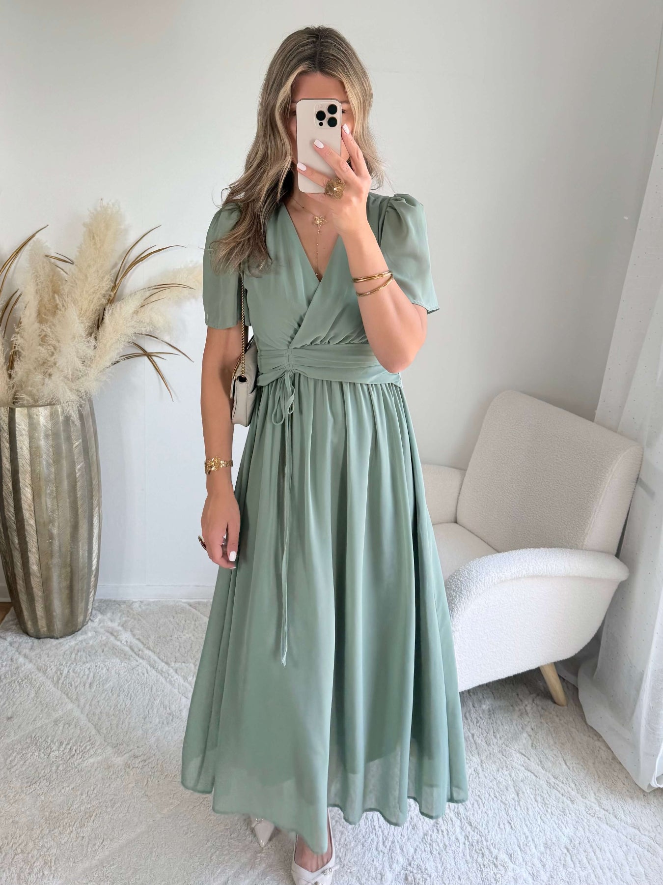 Robe Clara vert sauge longue fluide avec manches légères du SM au 4XL