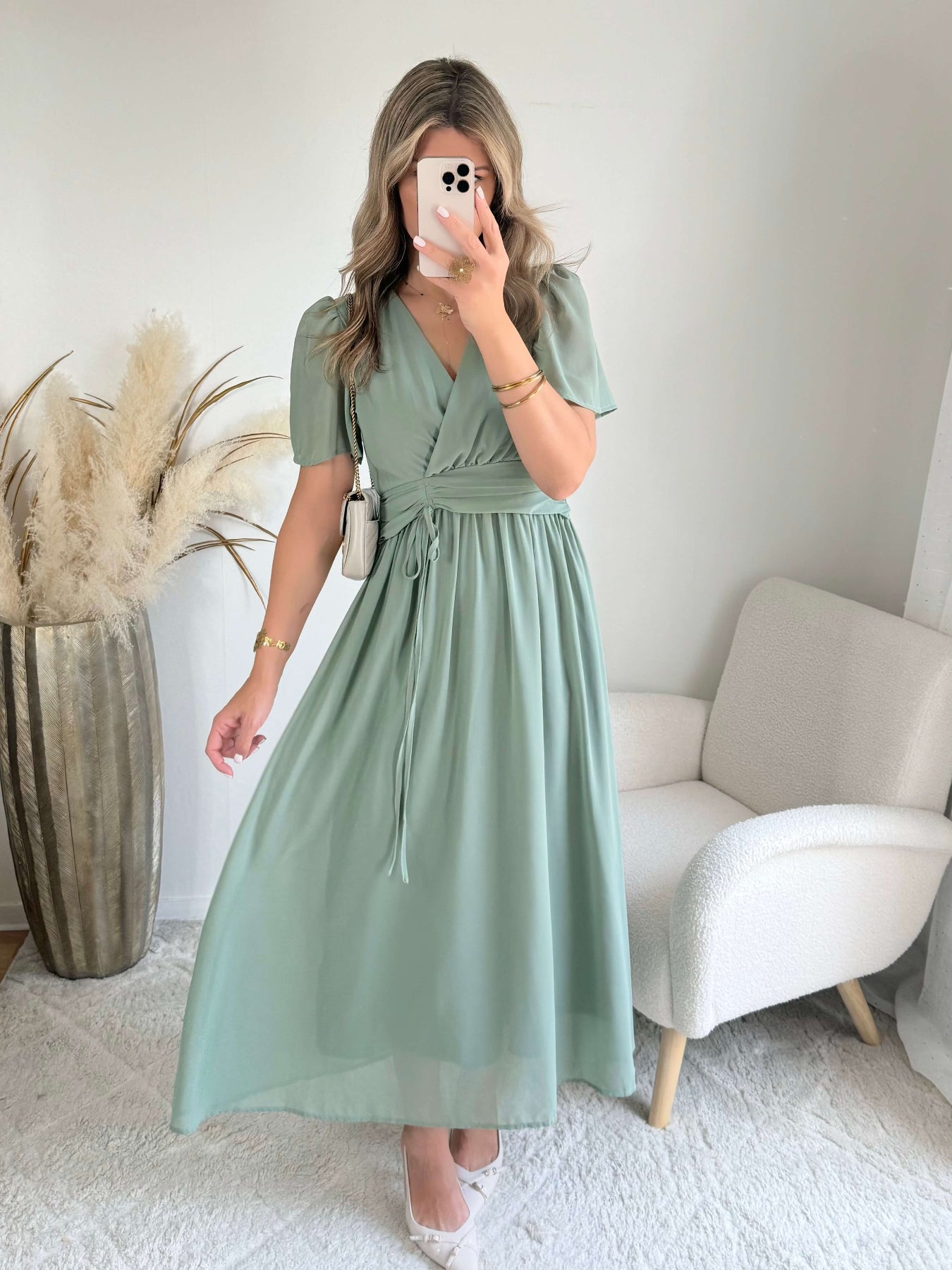 Robe Clara vert sauge longue fluide avec manches légères du SM au 4XL
