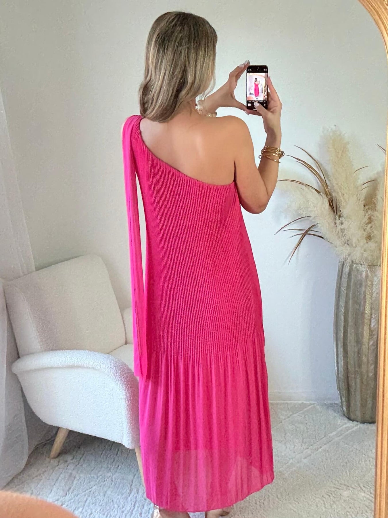 Robe midi plissée fuchsia une épaule avec ceinture robe fluide élégante femme taille unique cérémonie été