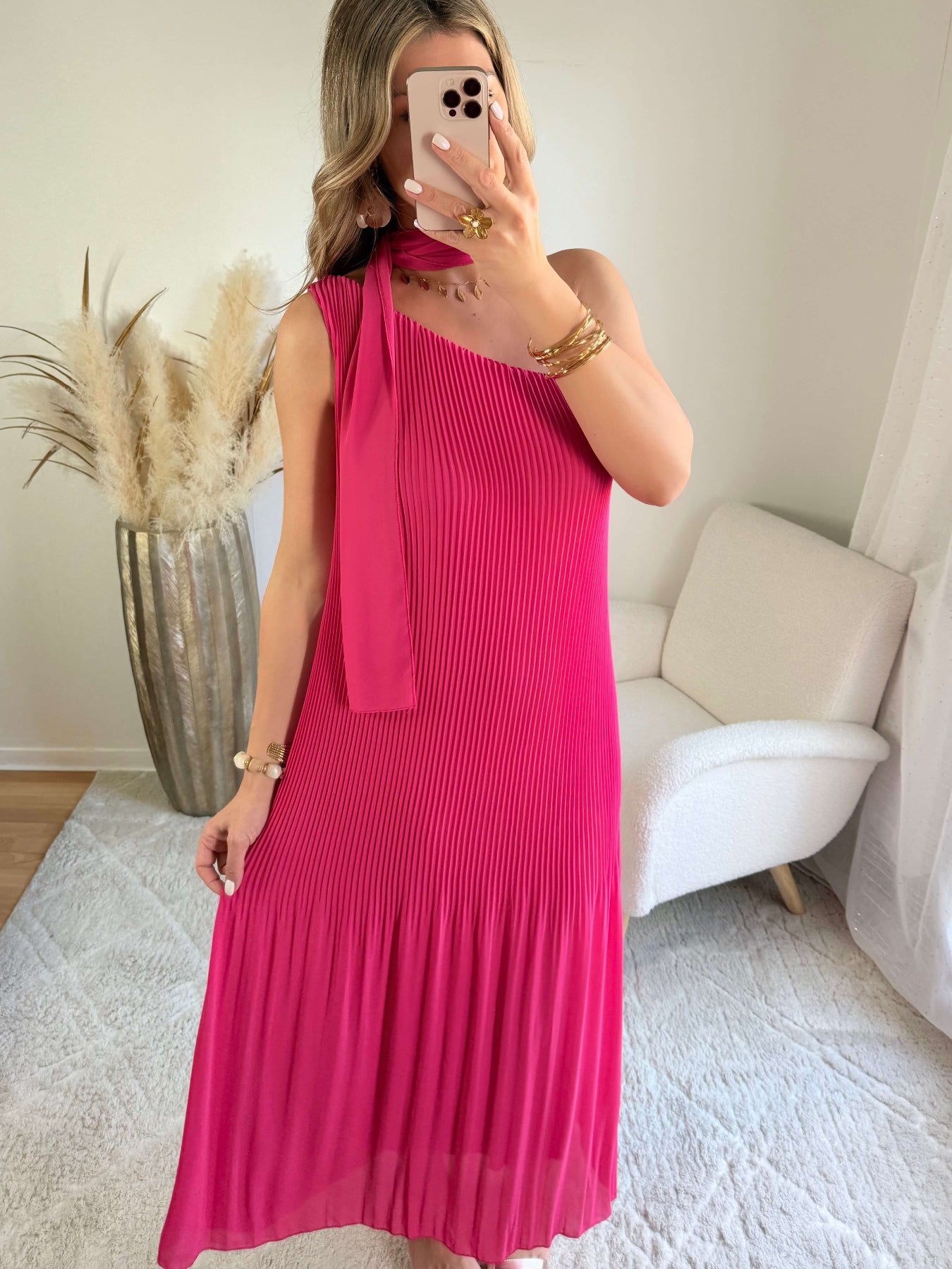 Robe midi plissée fuchsia une épaule avec ceinture robe fluide élégante femme taille unique cérémonie été