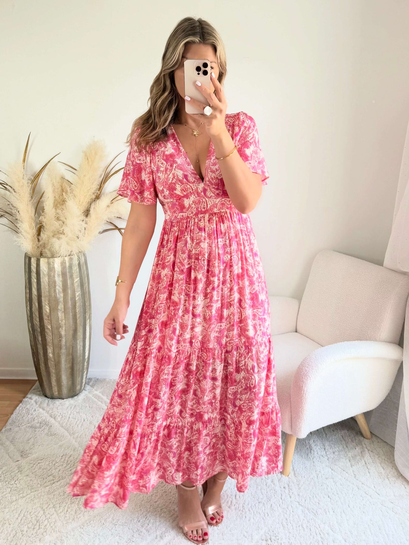 Robe longue fuchsia - Lyana du S au 4XL manches fluides et décolleté croisé