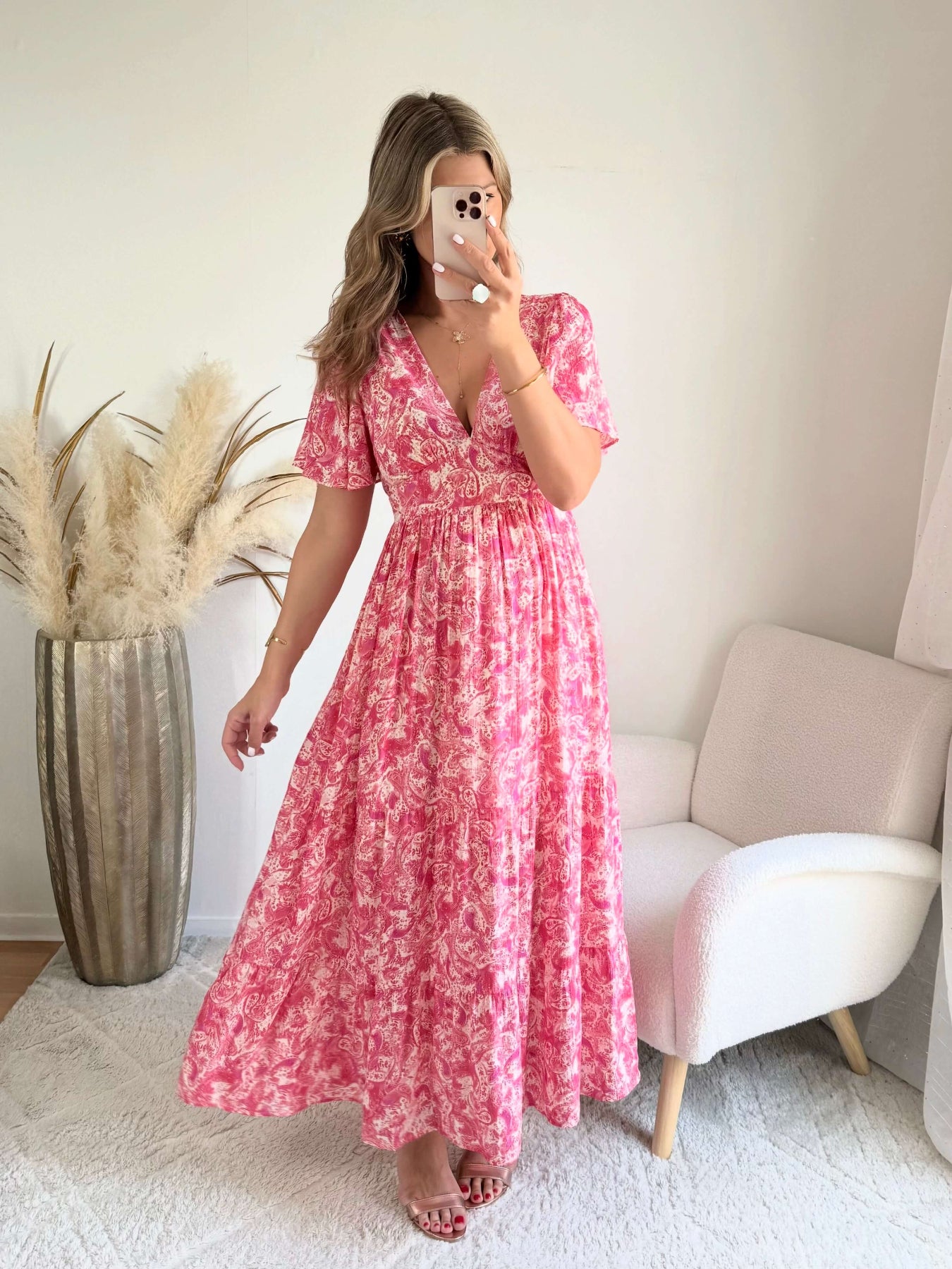 Robe longue fuchsia - Lyana du S au 4XL manches fluides et décolleté croisé