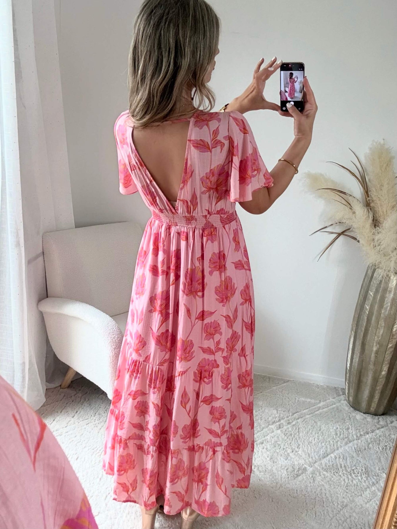 Robe longue fleurie rose - Anaelle du S au 4XL dos en V