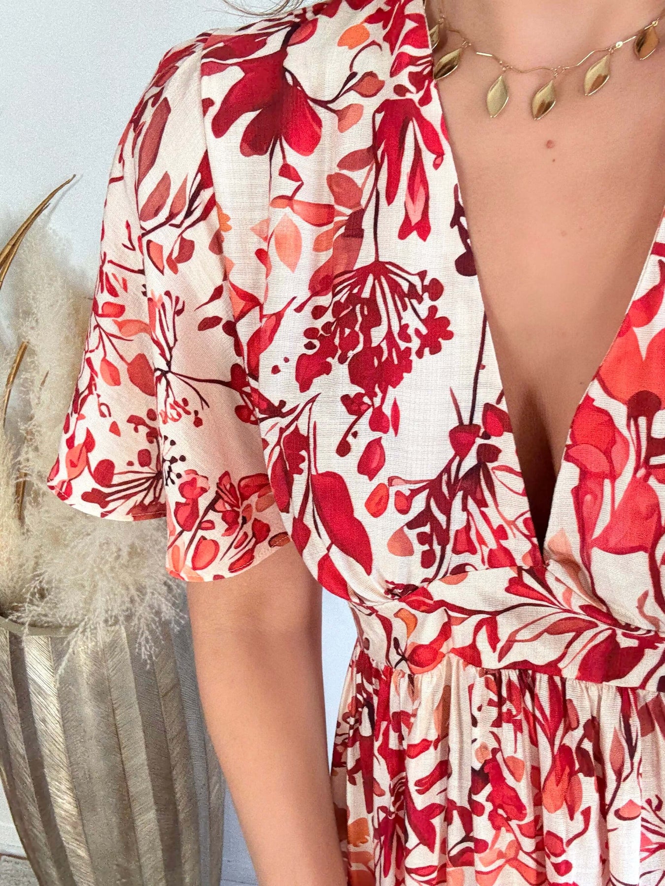 Robe midi fleurie rouge et écru décolleté V manches courtes robe fluide femme du S au 4XL élégante cérémonie été