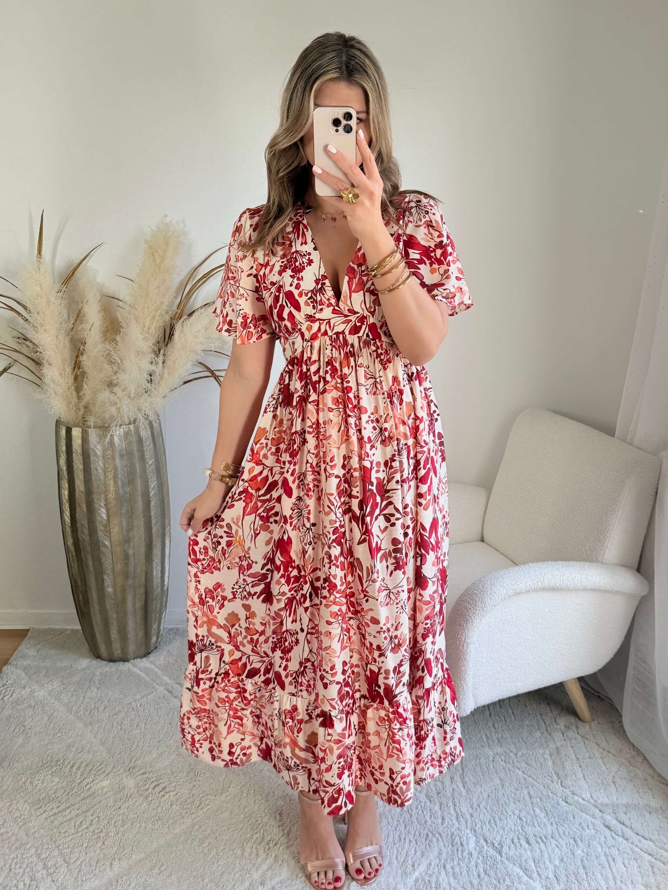 Robe midi fleurie rouge et écru décolleté V manches courtes robe fluide femme du S au 4XL élégante cérémonie été