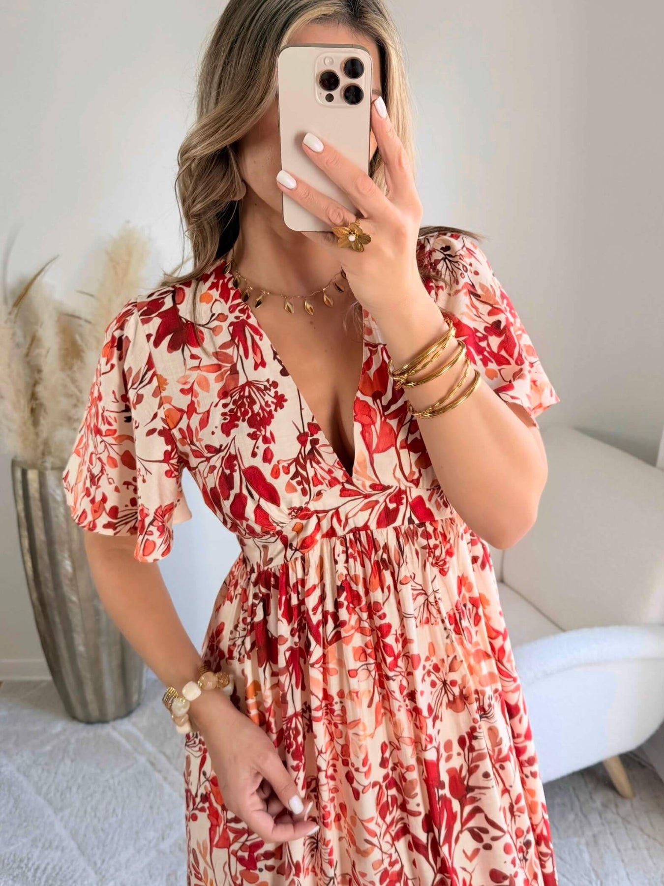 Robe midi fleurie rouge et écru décolleté V manches courtes robe fluide femme du S au 4XL élégante cérémonie été