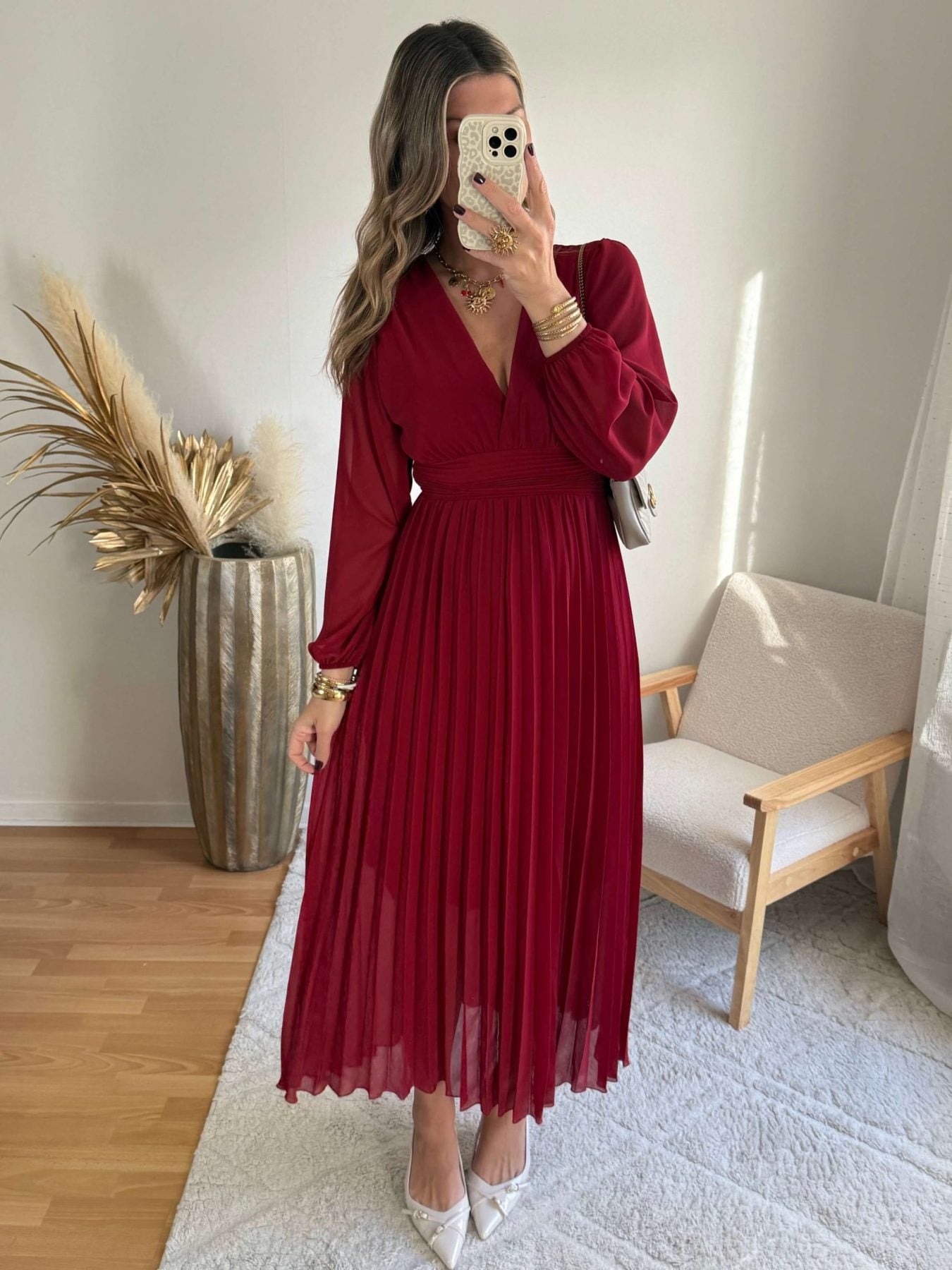 Robe longue plissée bordeaux - Diane