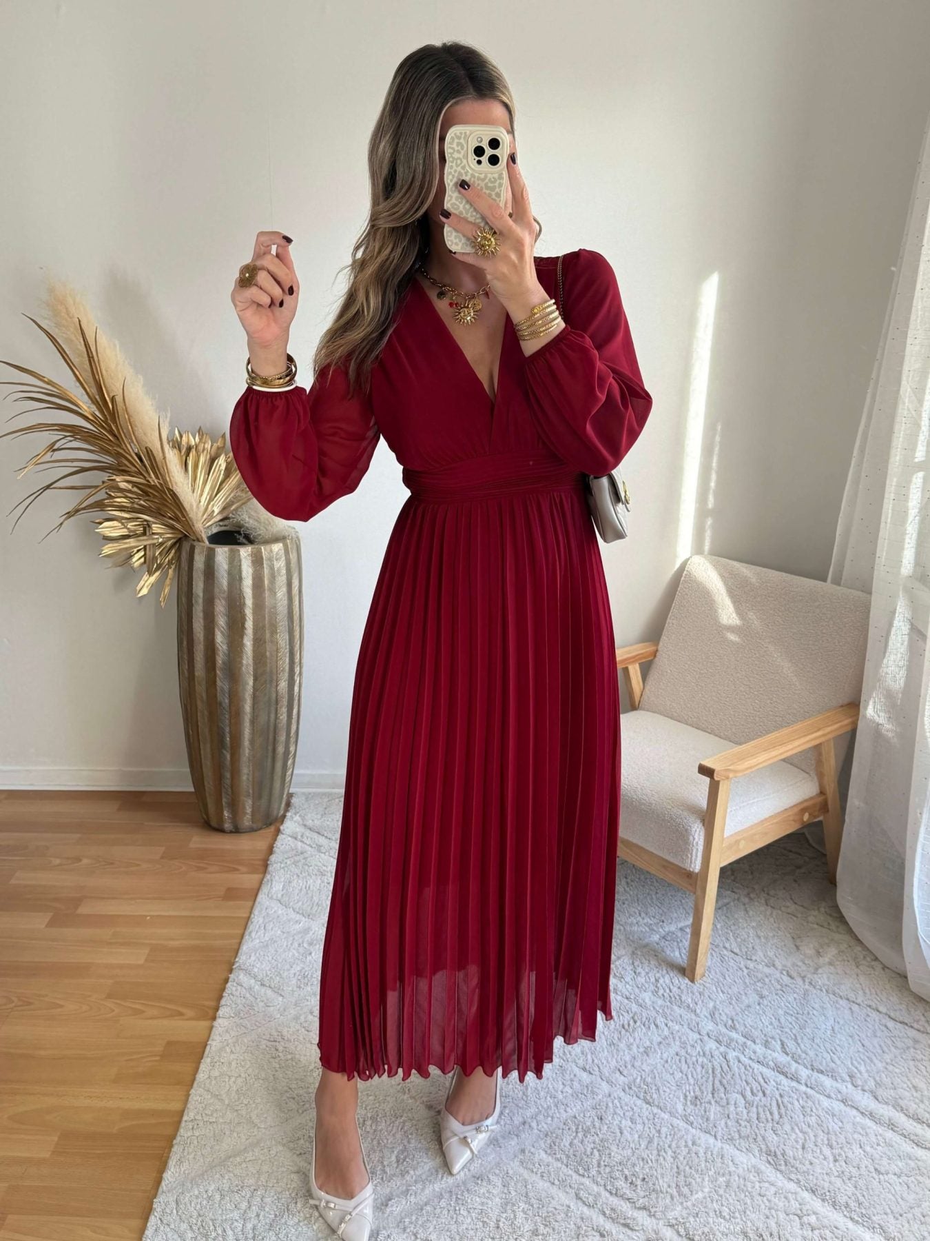 Robe longue plissée bordeaux - Diane