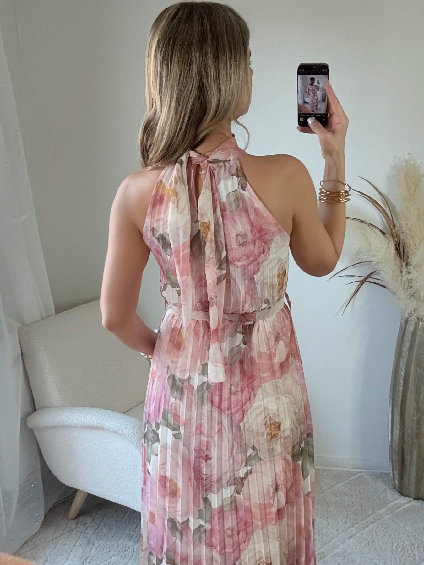Robe longue plissée rose imprimé floral col halter taille unique robe élégante fluide femme cérémonie été
