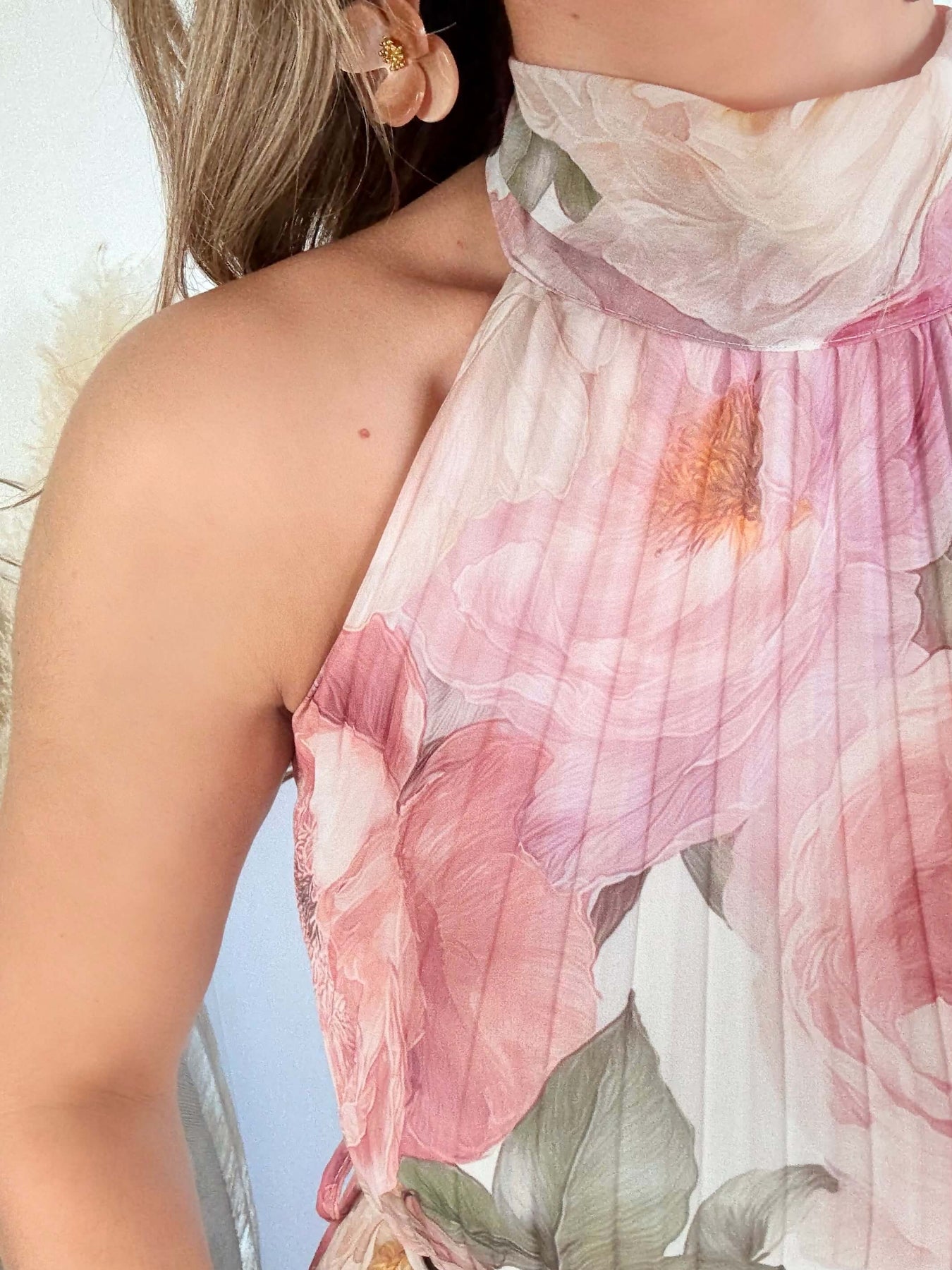 Robe longue plissée rose imprimé floral col halter taille unique robe élégante fluide femme cérémonie été