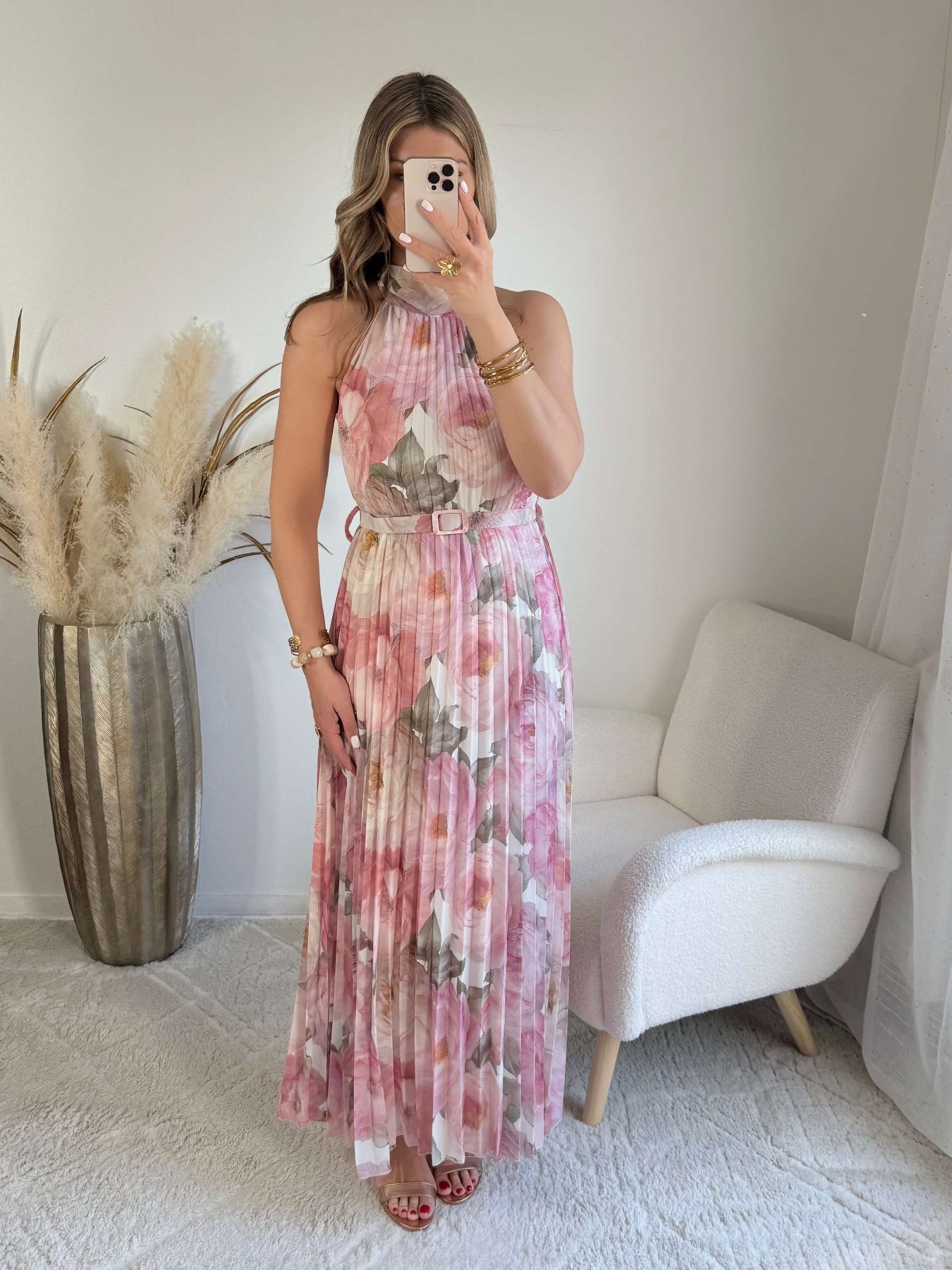 Robe longue plissée rose imprimé floral col halter taille unique robe élégante fluide femme cérémonie été