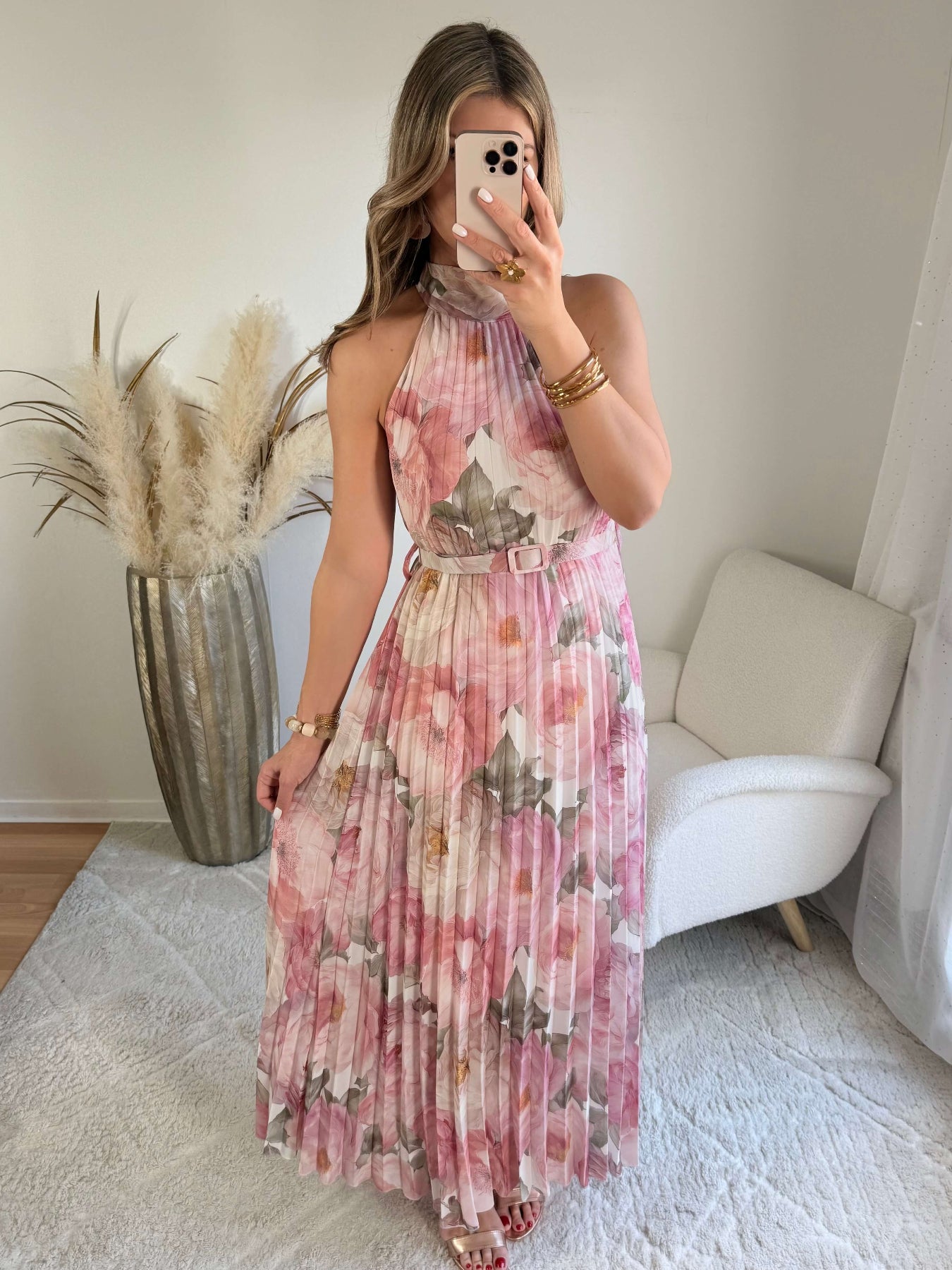 Robe longue plissée rose imprimé floral col halter taille unique robe élégante fluide femme cérémonie été