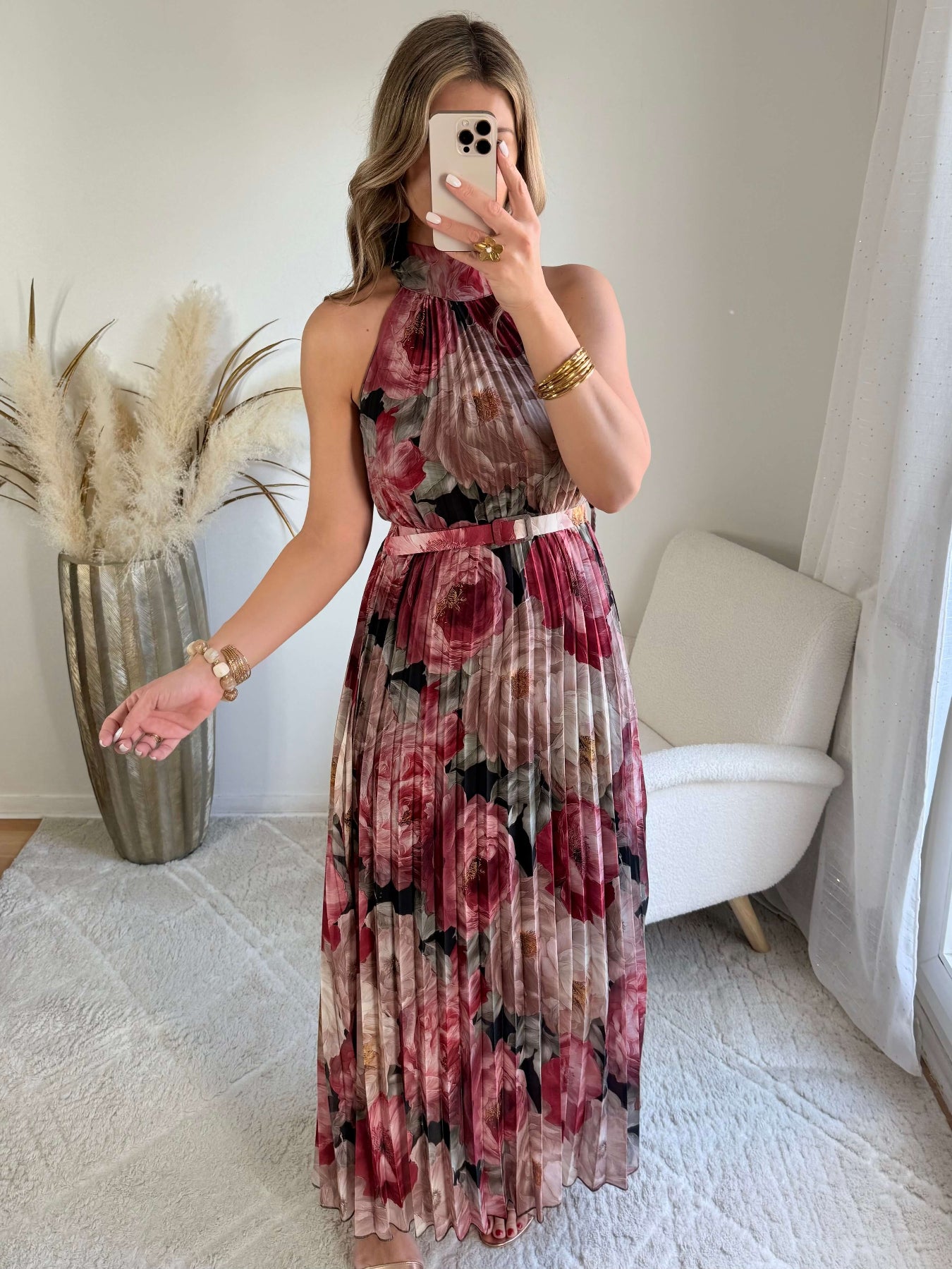 Robe longue plissée bordeaux imprimé floral col halter taille unique robe élégante fluide femme cérémonie été