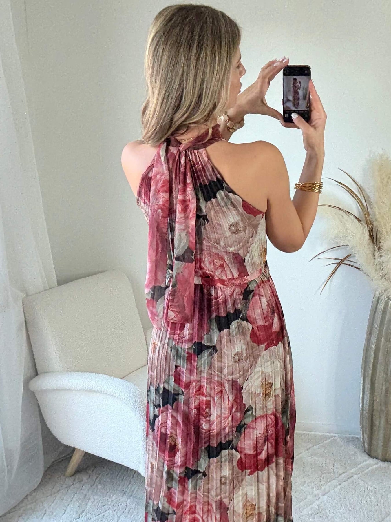 Robe longue plissée bordeaux imprimé floral col halter taille unique robe élégante fluide femme cérémonie été