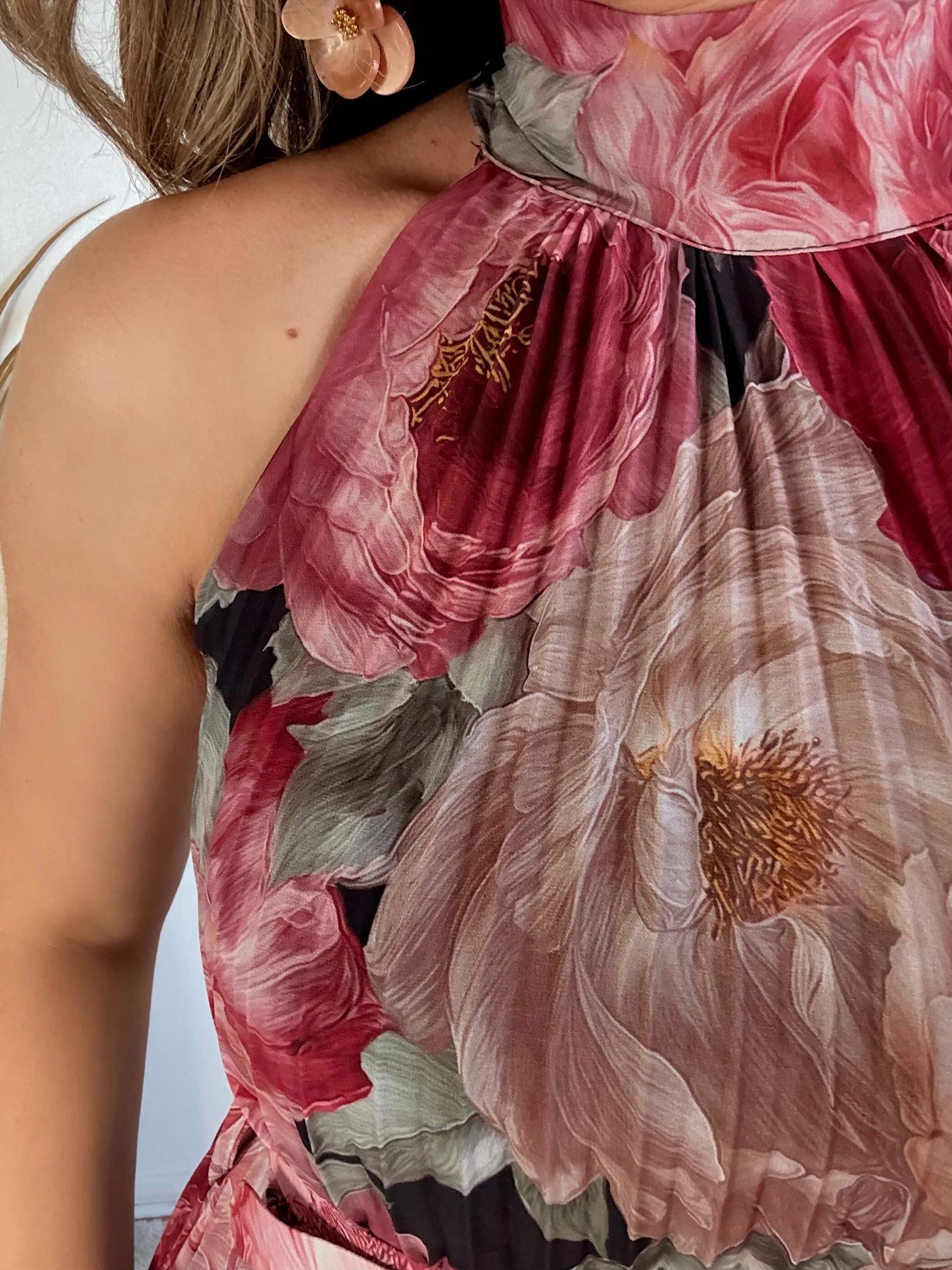 Robe longue plissée bordeaux imprimé floral col halter taille unique robe élégante fluide femme cérémonie été