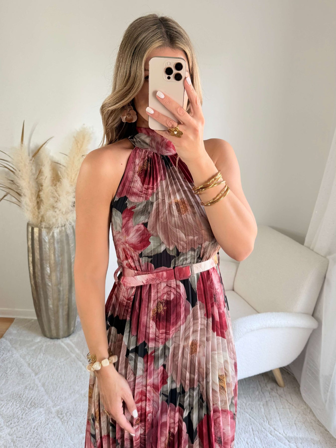 Robe longue plissée bordeaux imprimé floral col halter taille unique robe élégante fluide femme cérémonie été