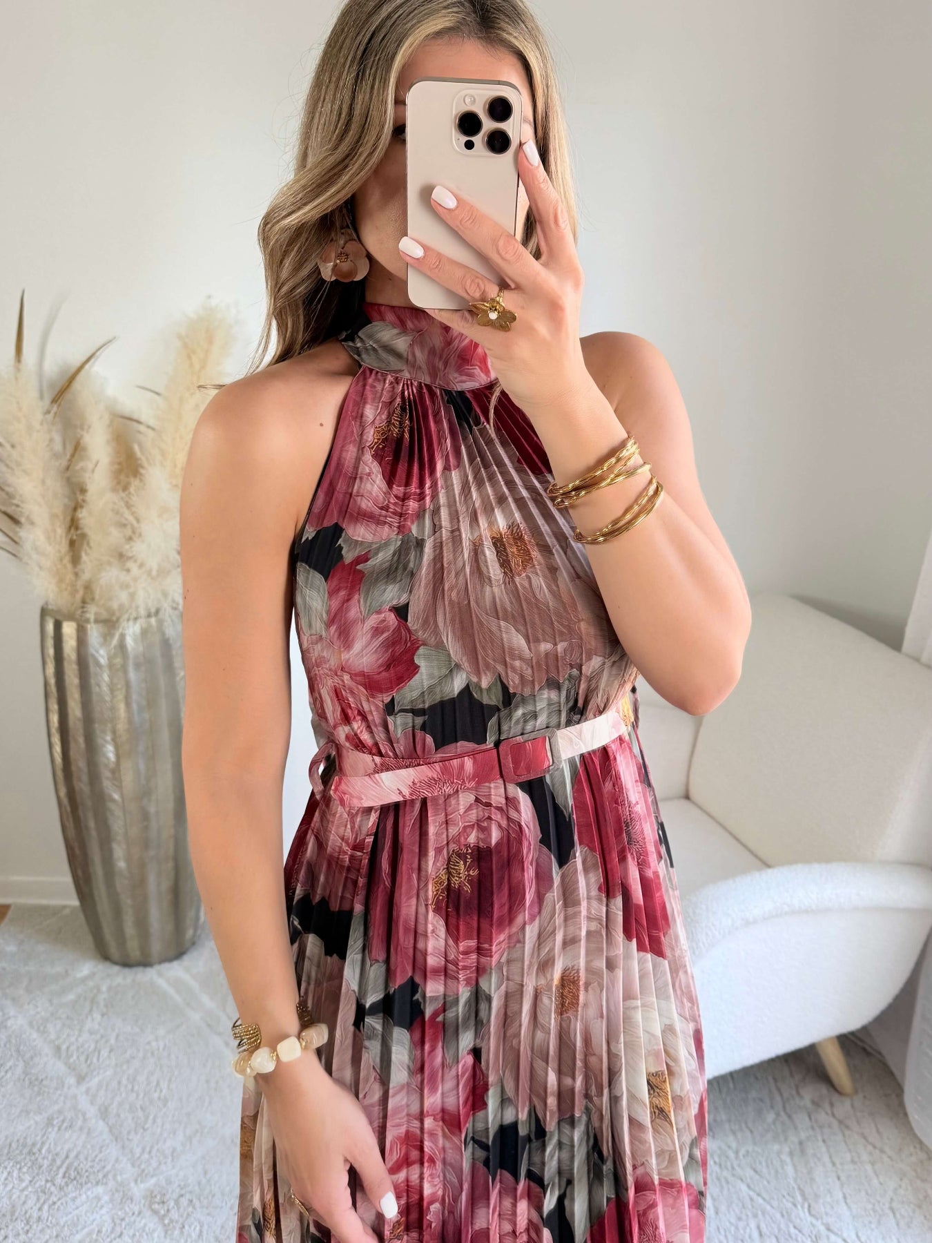 Robe longue plissée bordeaux imprimé floral col halter taille unique robe élégante fluide femme cérémonie été