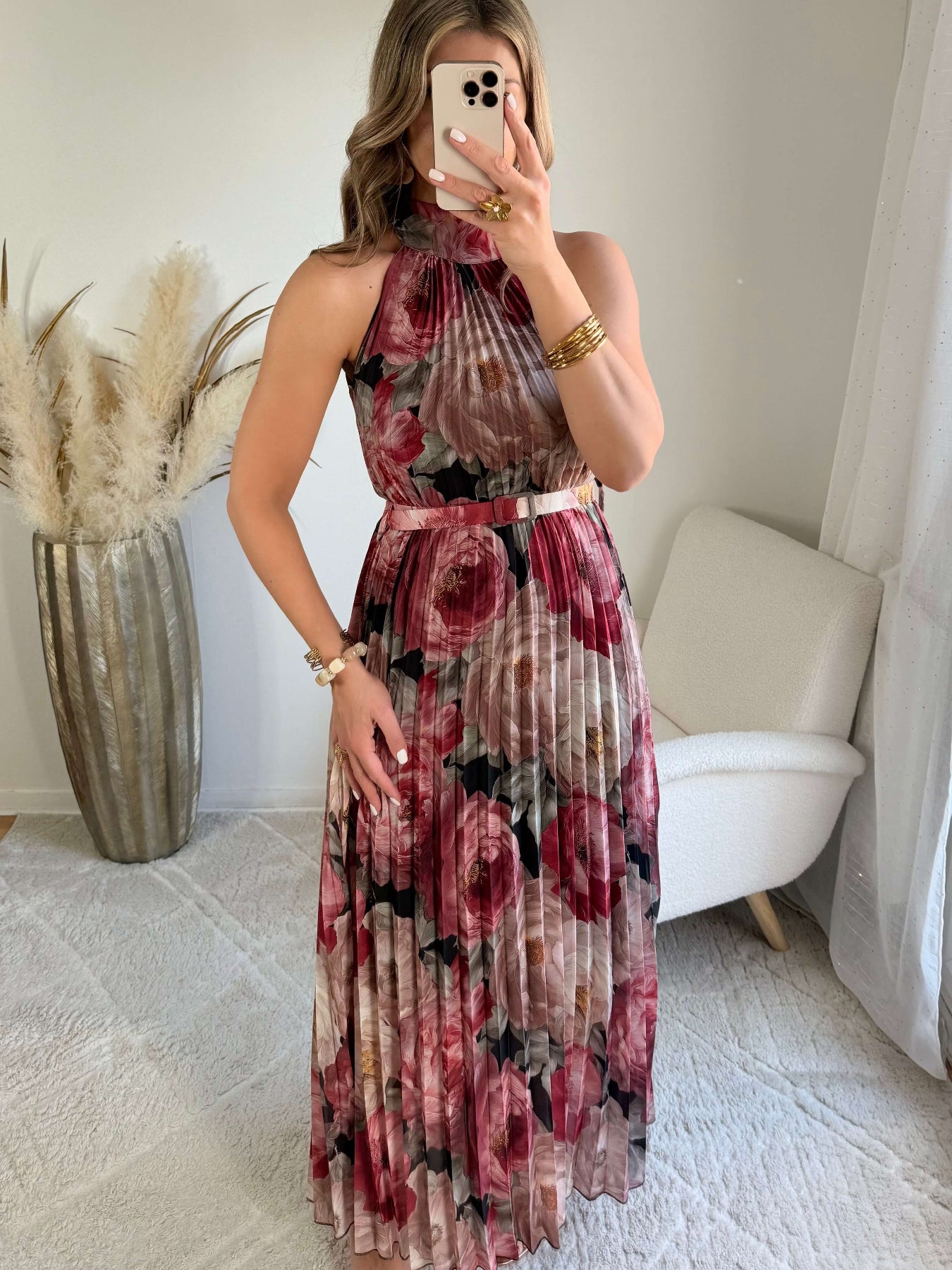 Robe longue plissée bordeaux imprimé floral col halter taille unique robe élégante fluide femme cérémonie été