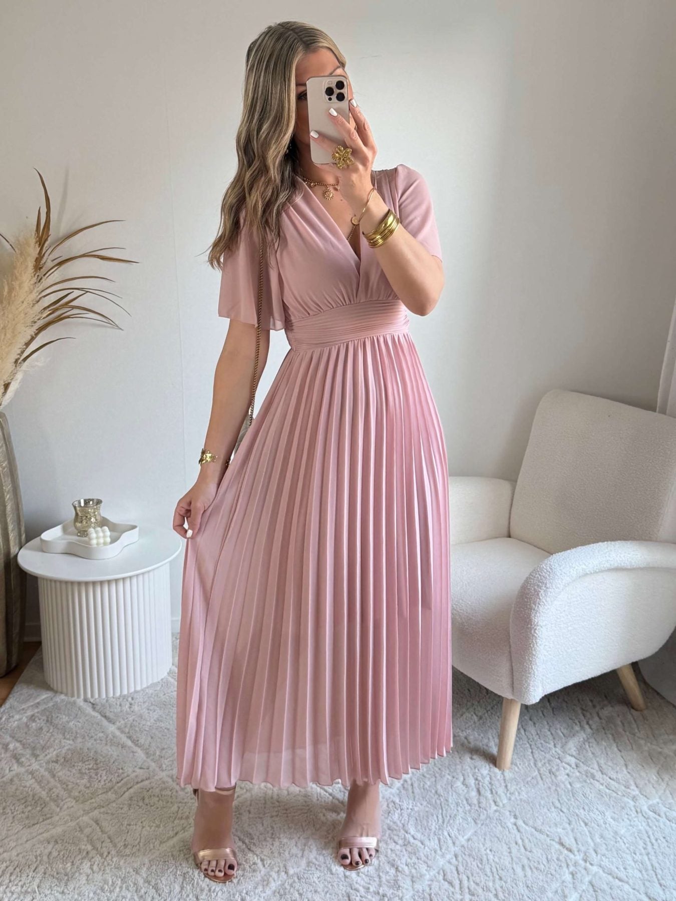 Robe longue plissée rose poudrée - Ana