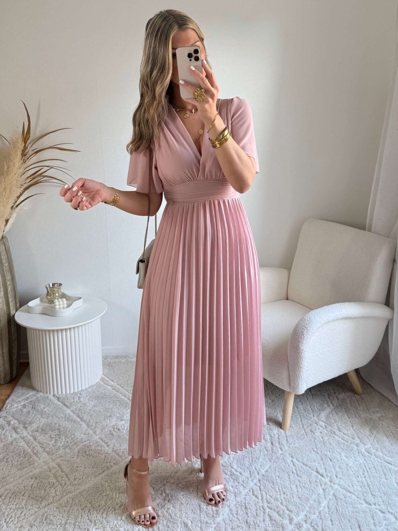 Robe longue plissée rose poudrée - Ana