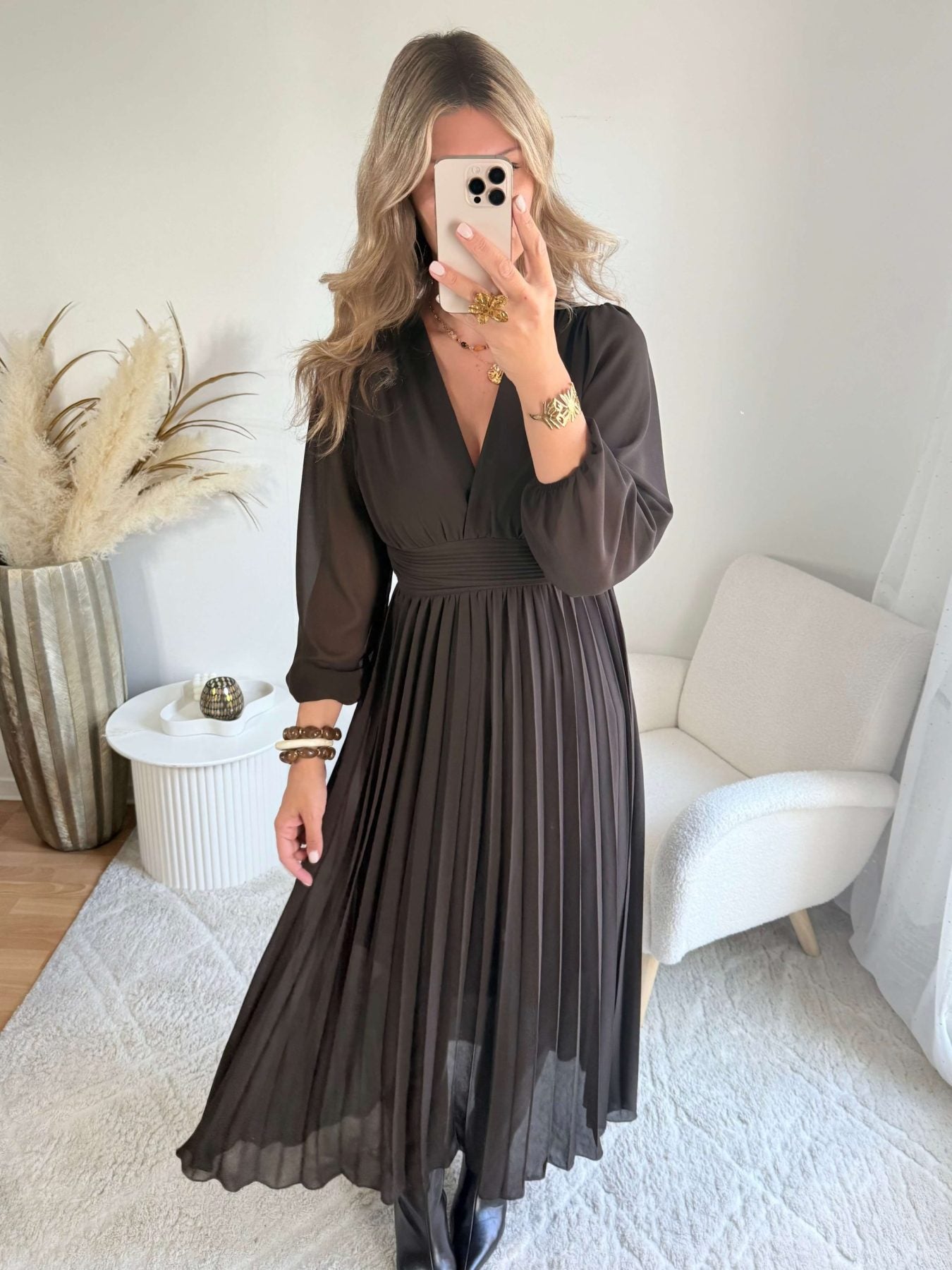 Robe longue plissée marron foncé - Diane