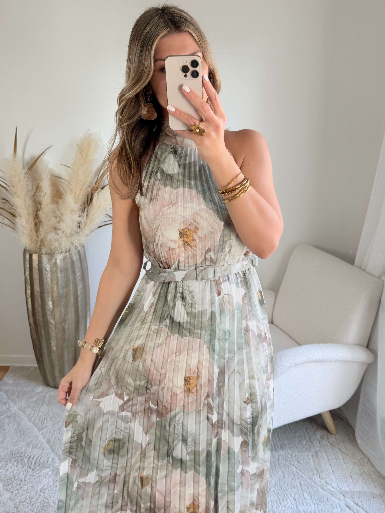 Robe longue plissée verte imprimé floral col halter taille unique robe élégante fluide femme cérémonie été