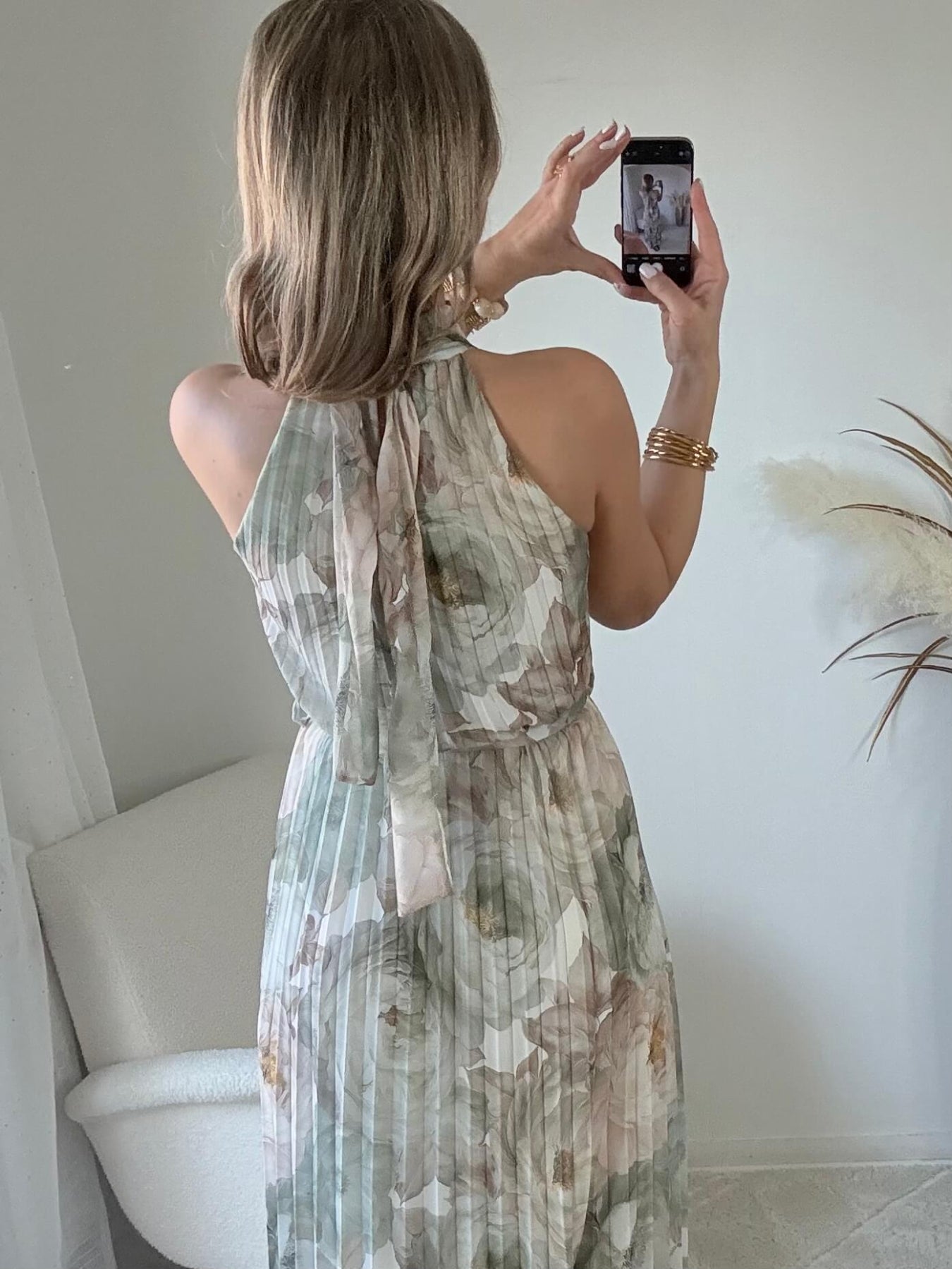 Robe longue plissée verte imprimé floral col halter taille unique robe élégante fluide femme cérémonie été