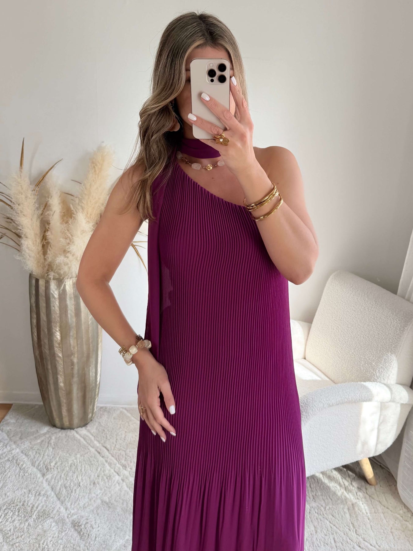 Robe longue plissée prune asymétrique une manche robe fluide élégante femme taille unique cérémonie soirée