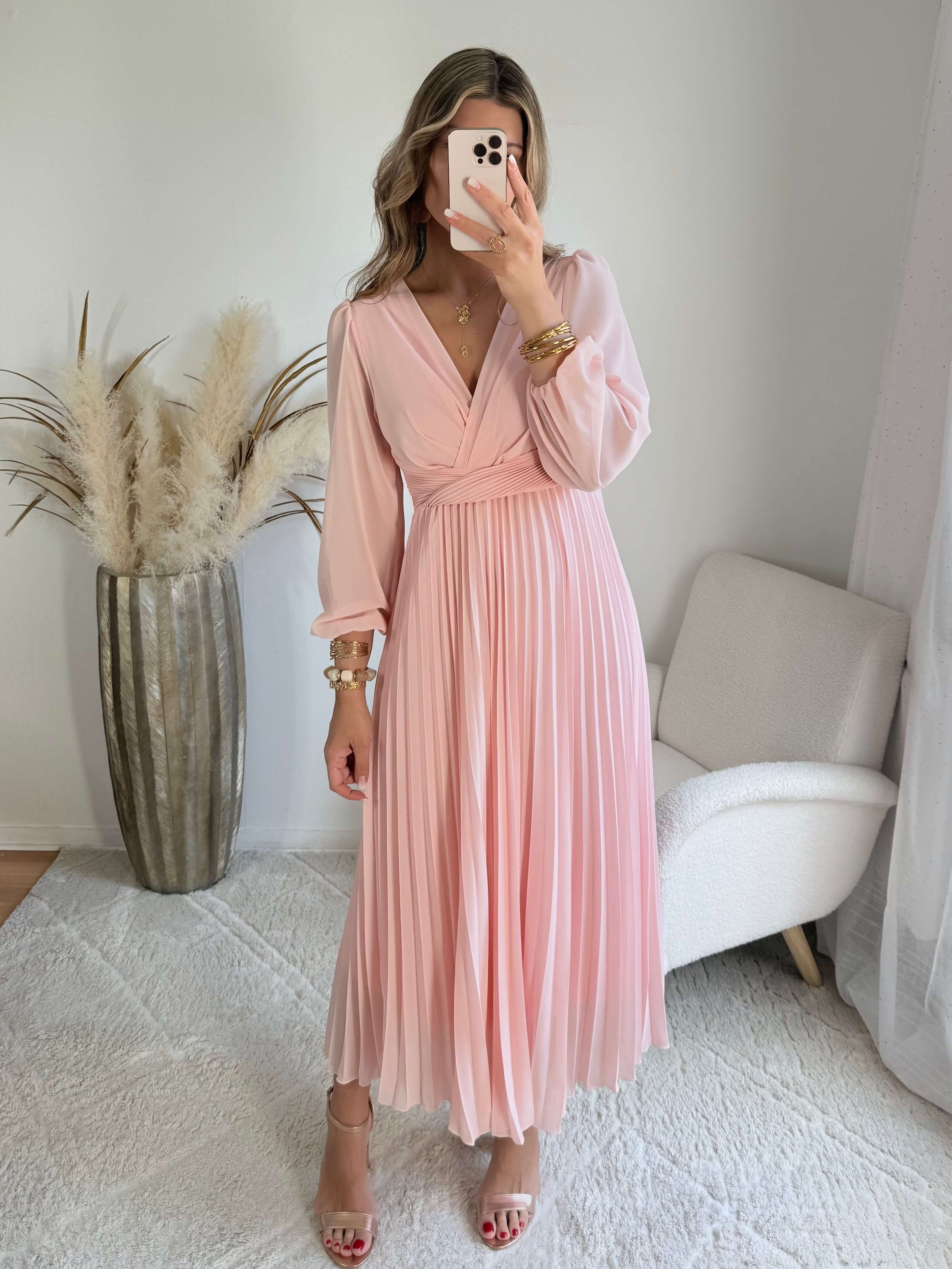 Robe longue rose poudré Angèle fluide cérémonie – Easy Dressing