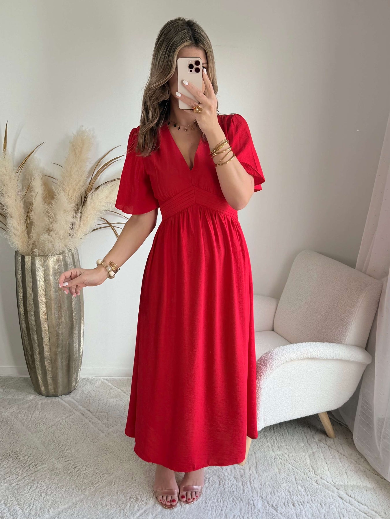 Robe longue fluide rouge manches courtes Sandra - Easy Dressing