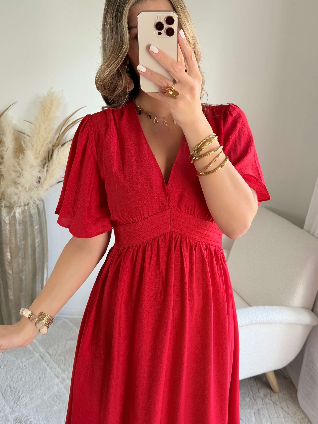 Robe longue fluide rouge manches courtes Sandra - Easy Dressing