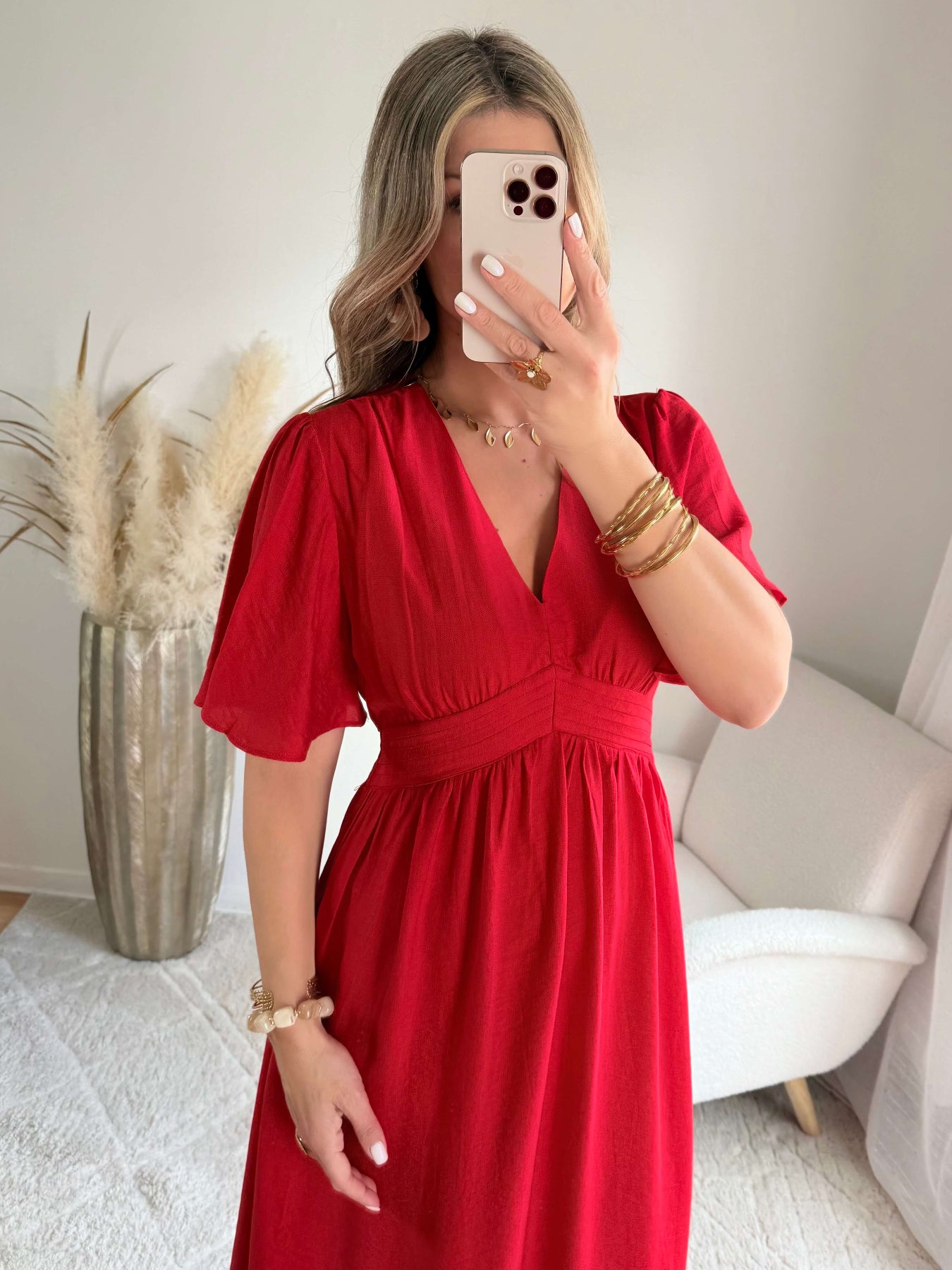 Robe longue fluide rouge manches courtes Sandra - Easy Dressing