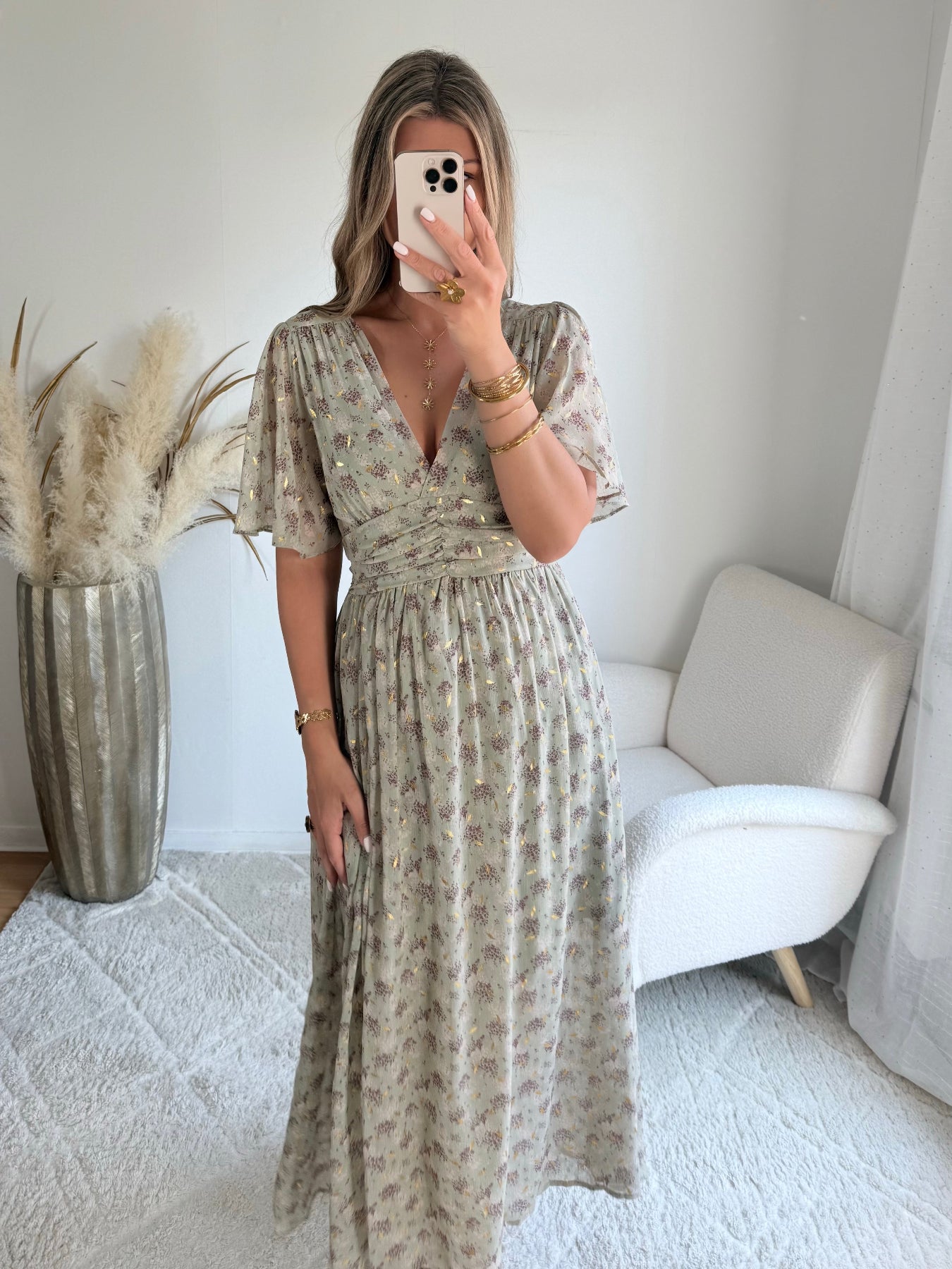 robe longue grande taille vert sauge dorée femme coupe portefeuille fluide élégante du S au 4XL Isadora