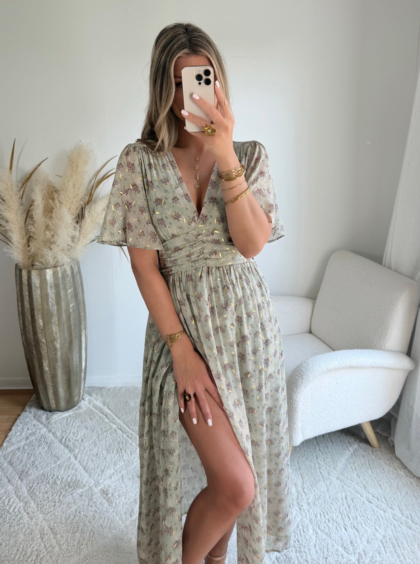 robe longue grande taille vert sauge dorée femme coupe portefeuille fluide élégante du S au 4XL Isadora