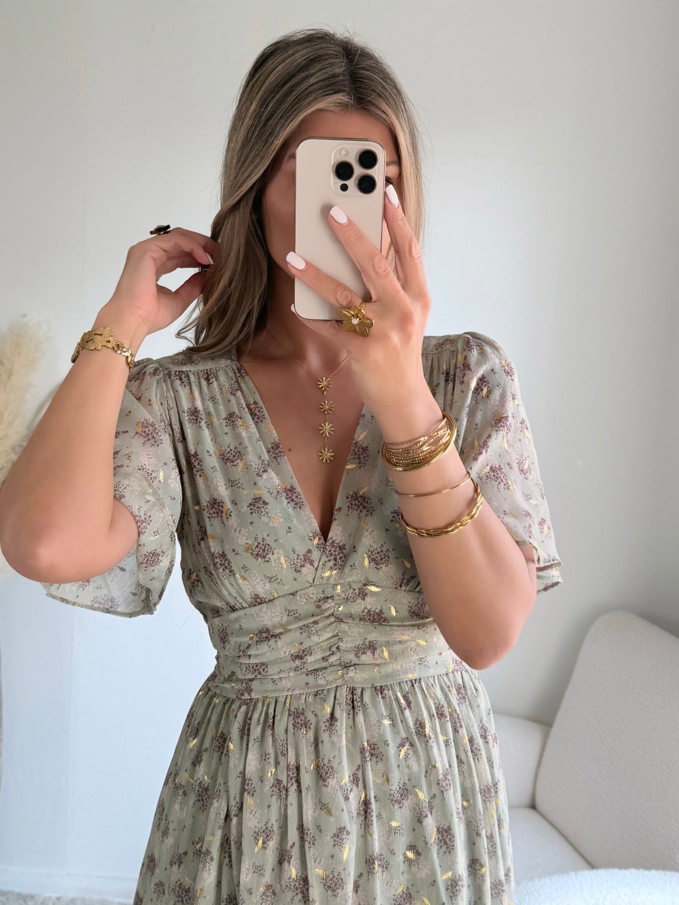 robe longue grande taille vert sauge dorée femme coupe portefeuille fluide élégante du S au 4XL Isadora