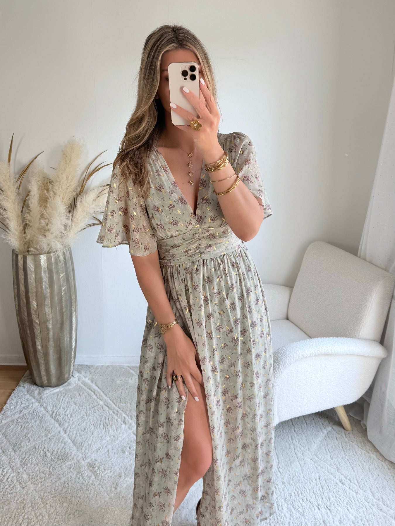 robe longue grande taille vert sauge dorée femme coupe portefeuille fluide élégante du S au 4XL Isadora