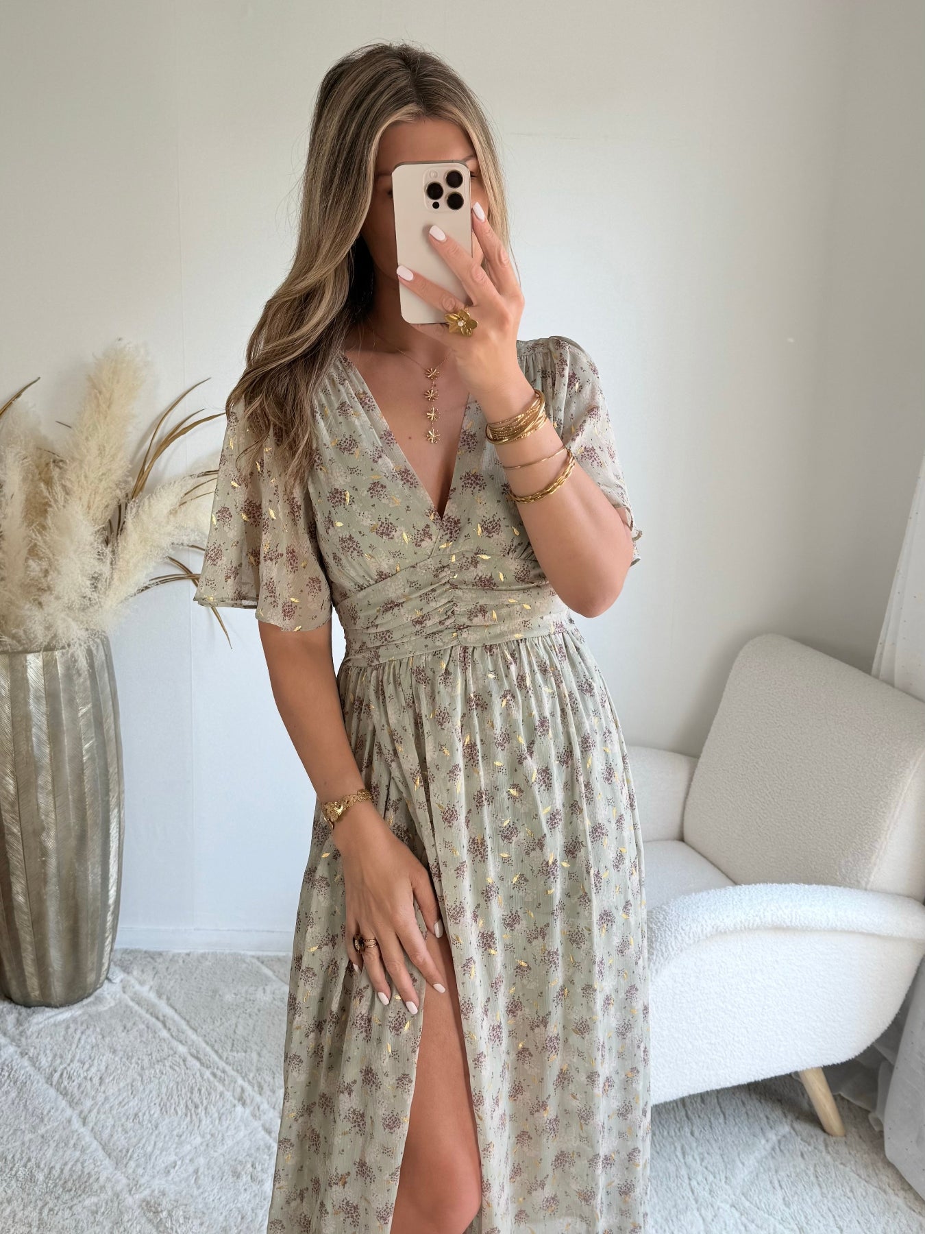 robe longue grande taille vert sauge dorée femme coupe portefeuille fluide élégante du S au 4XL Isadora