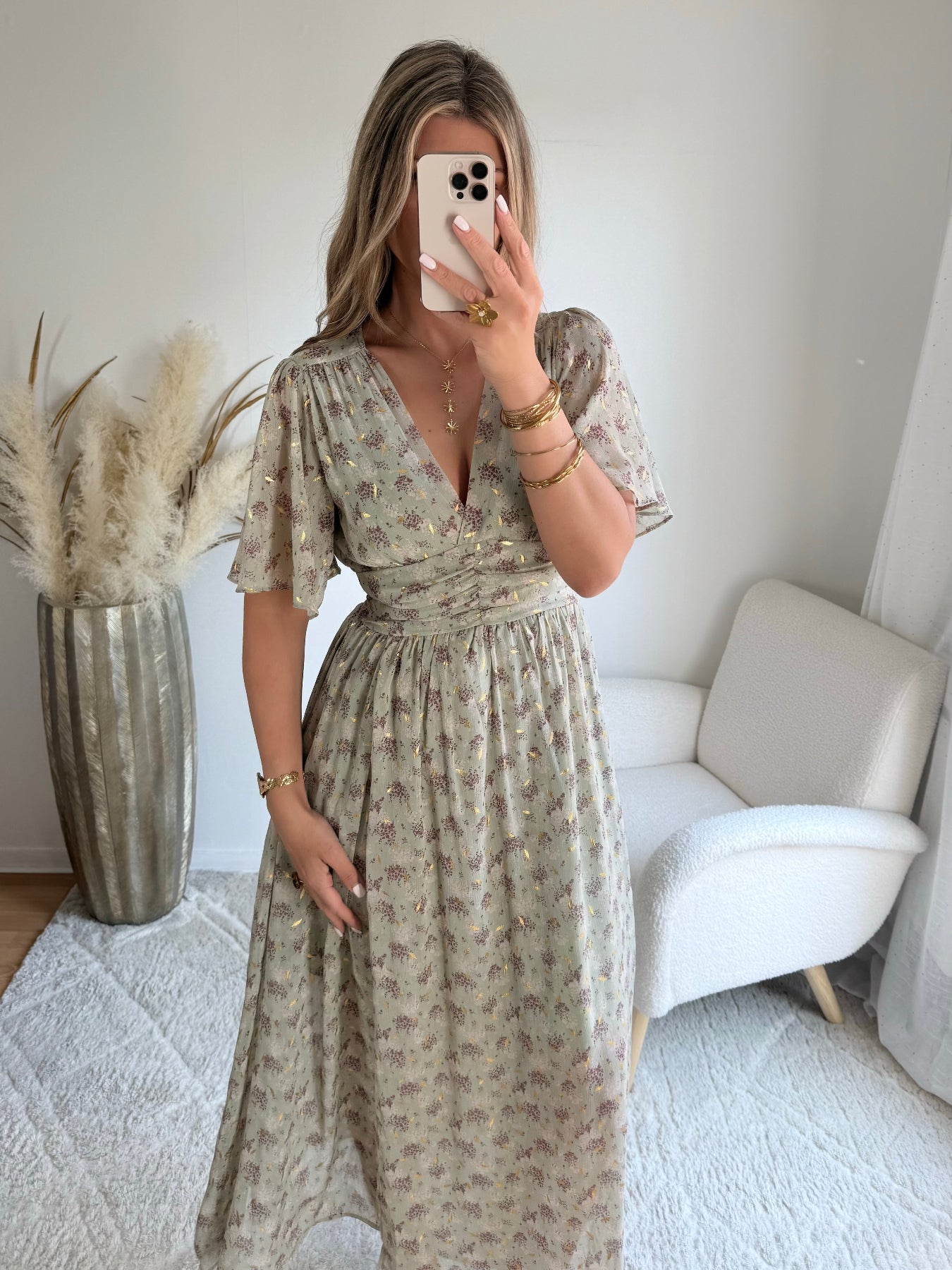 robe longue grande taille vert sauge dorée femme coupe portefeuille fluide élégante du S au 4XL Isadora