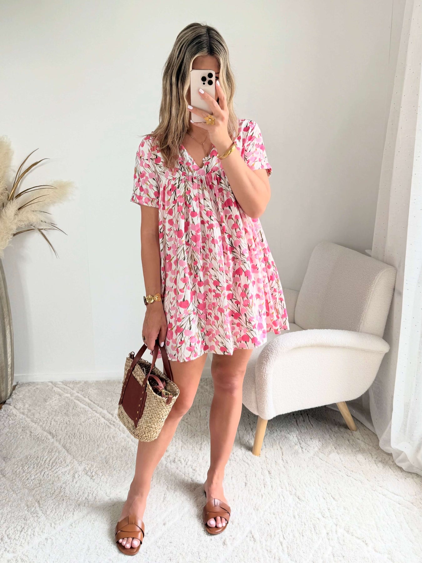 Robe à poches & short intégrés fleurs roses 36 au 50 - Easy Dressing