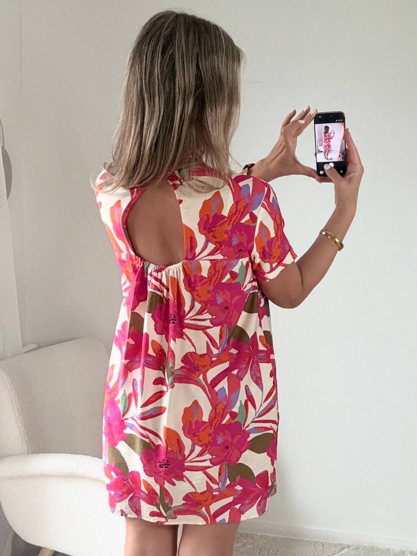 Robe à poches & short intégrés - imprimé fuchsia, coupe fluide et manches courtes