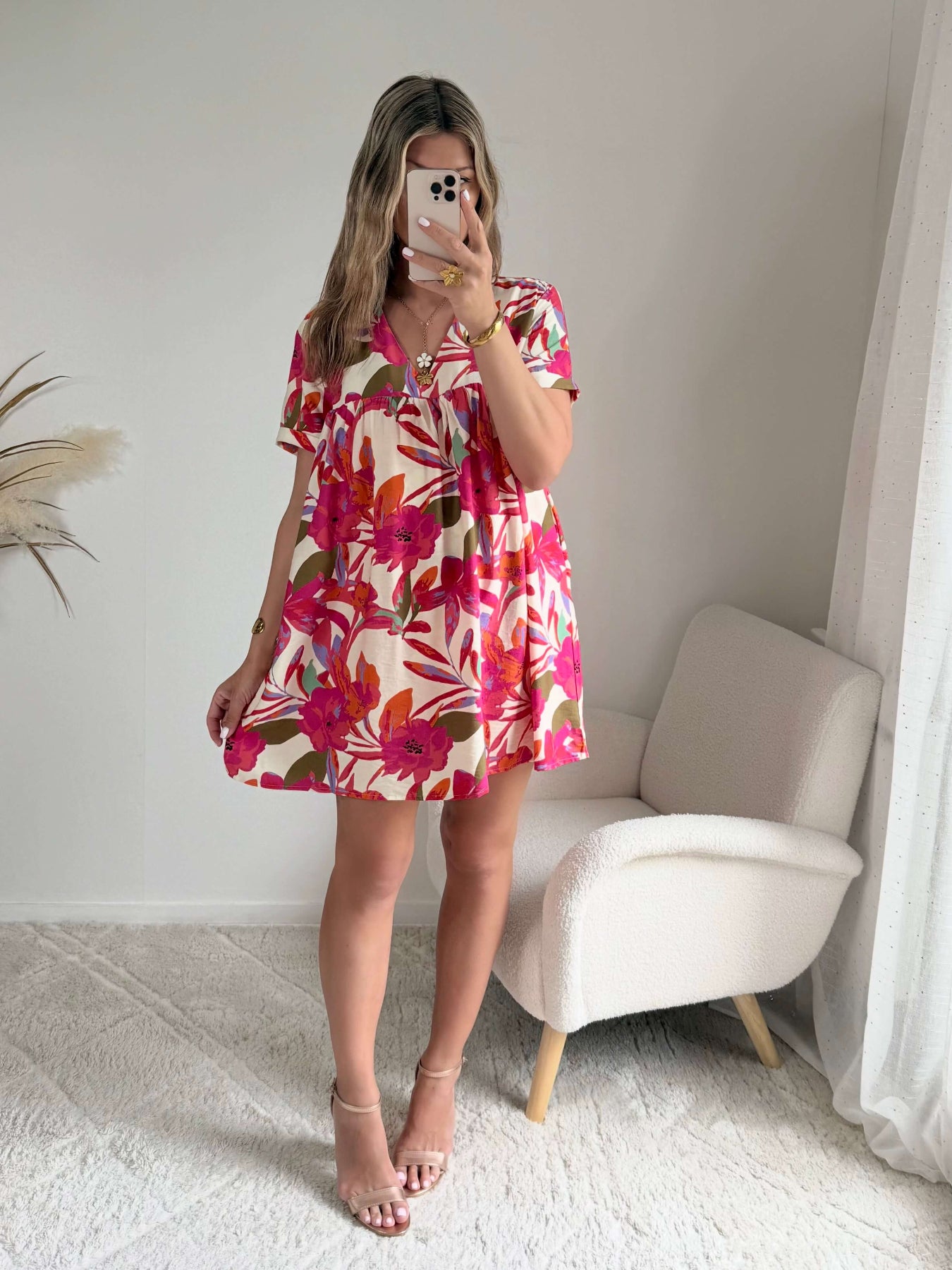 Robe à poches & short intégrés - imprimé fuchsia, coupe fluide et manches courtes