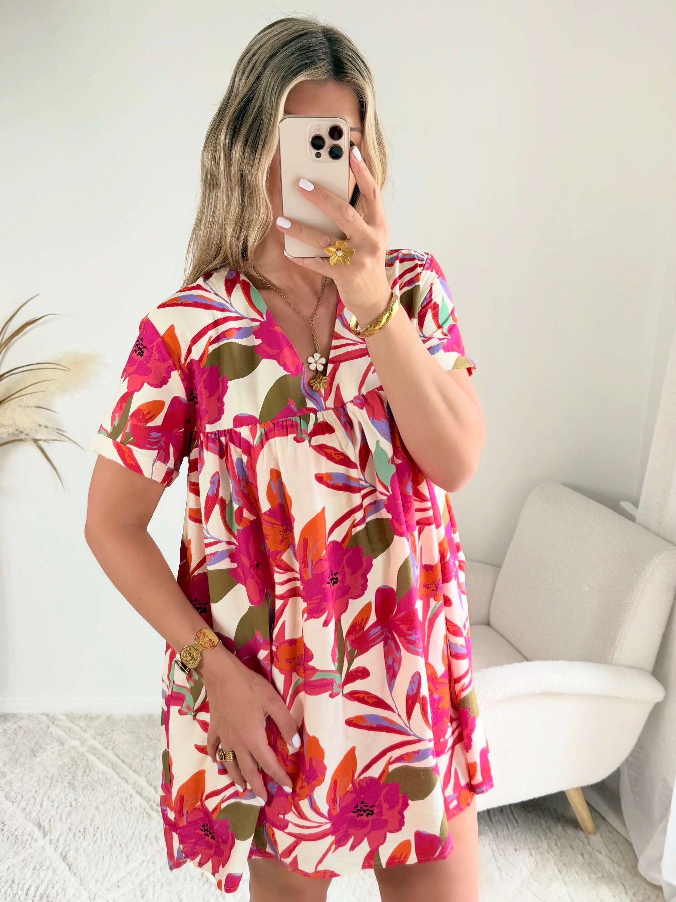 Robe à poches & short intégrés - imprimé fuchsia, coupe fluide et manches courtes